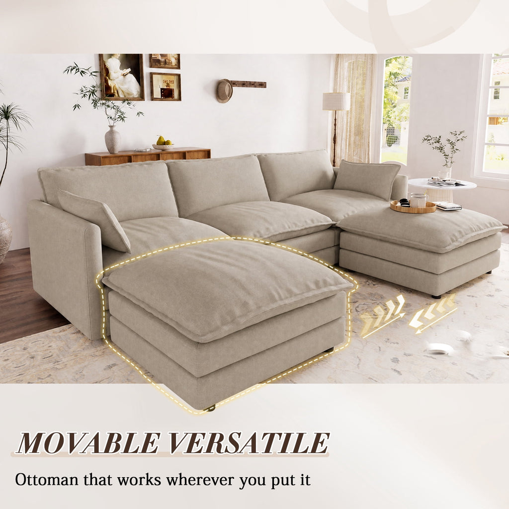 Muumblus Sectional Sofa Cloud Couch with Reversible Ottoman, L-Shaped Chenille Sofa for Living Rooms, Beige