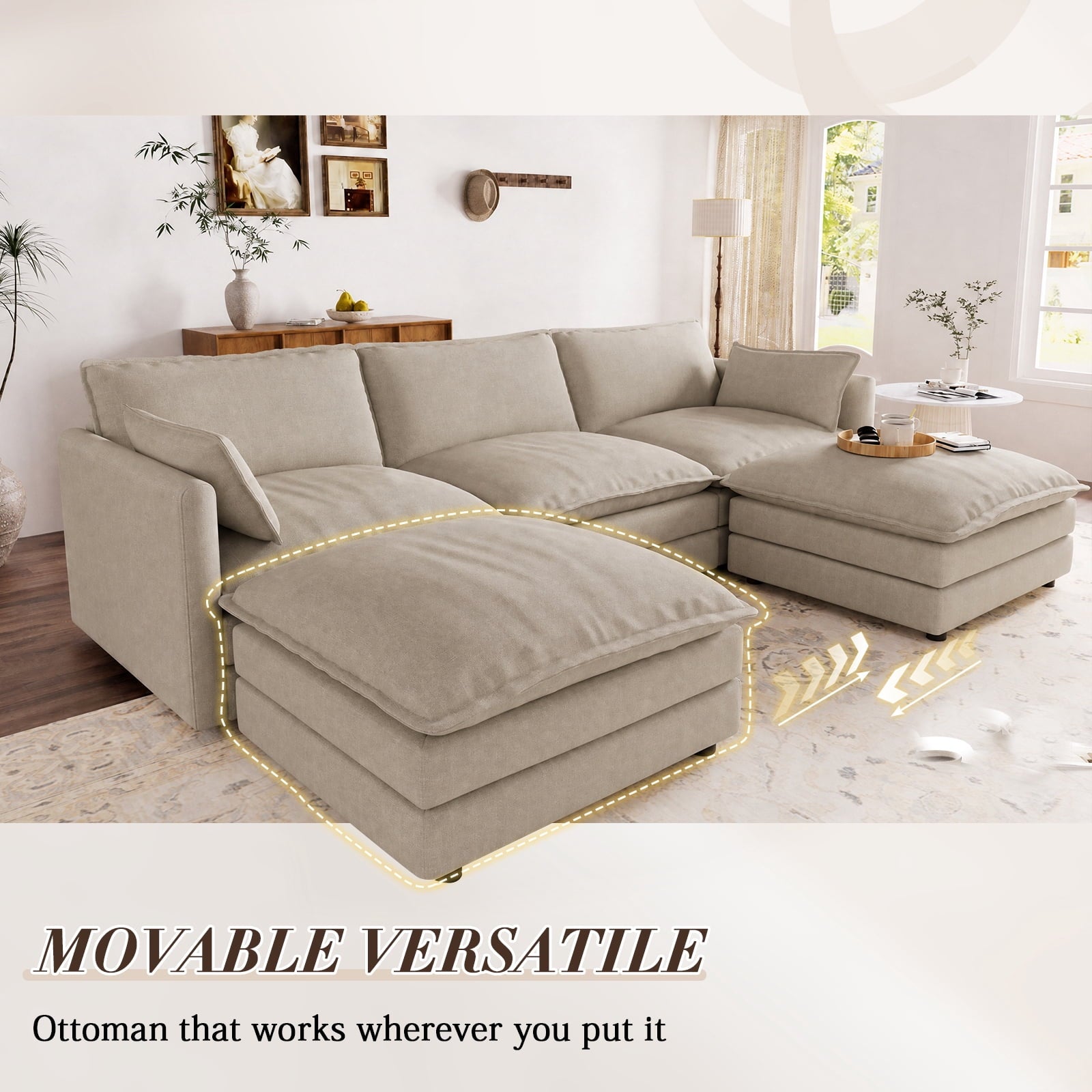 Muumblus Sectional Sofa Cloud Couch with Reversible Ottoman, L-Shaped Chenille Sofa for Living Rooms, Beige