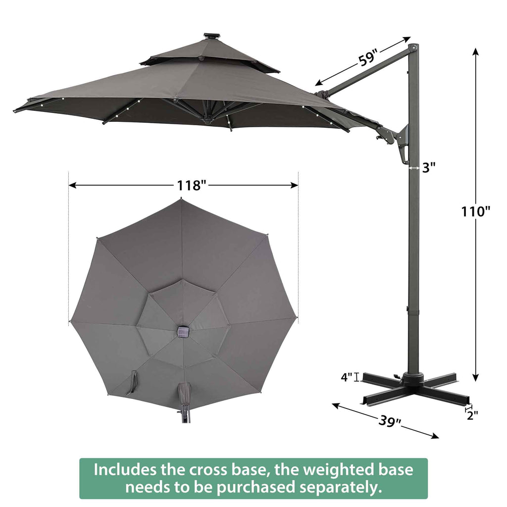 Ainfox 10ft Double Top Heavy-Duty Patio Cantilever Umbrella with lights and Cross Base, Outdoor Large Offset Hanging Aluminum Rotation Sun Shade Solar Umbrella with 360°Rotation Adjustable,Khaki