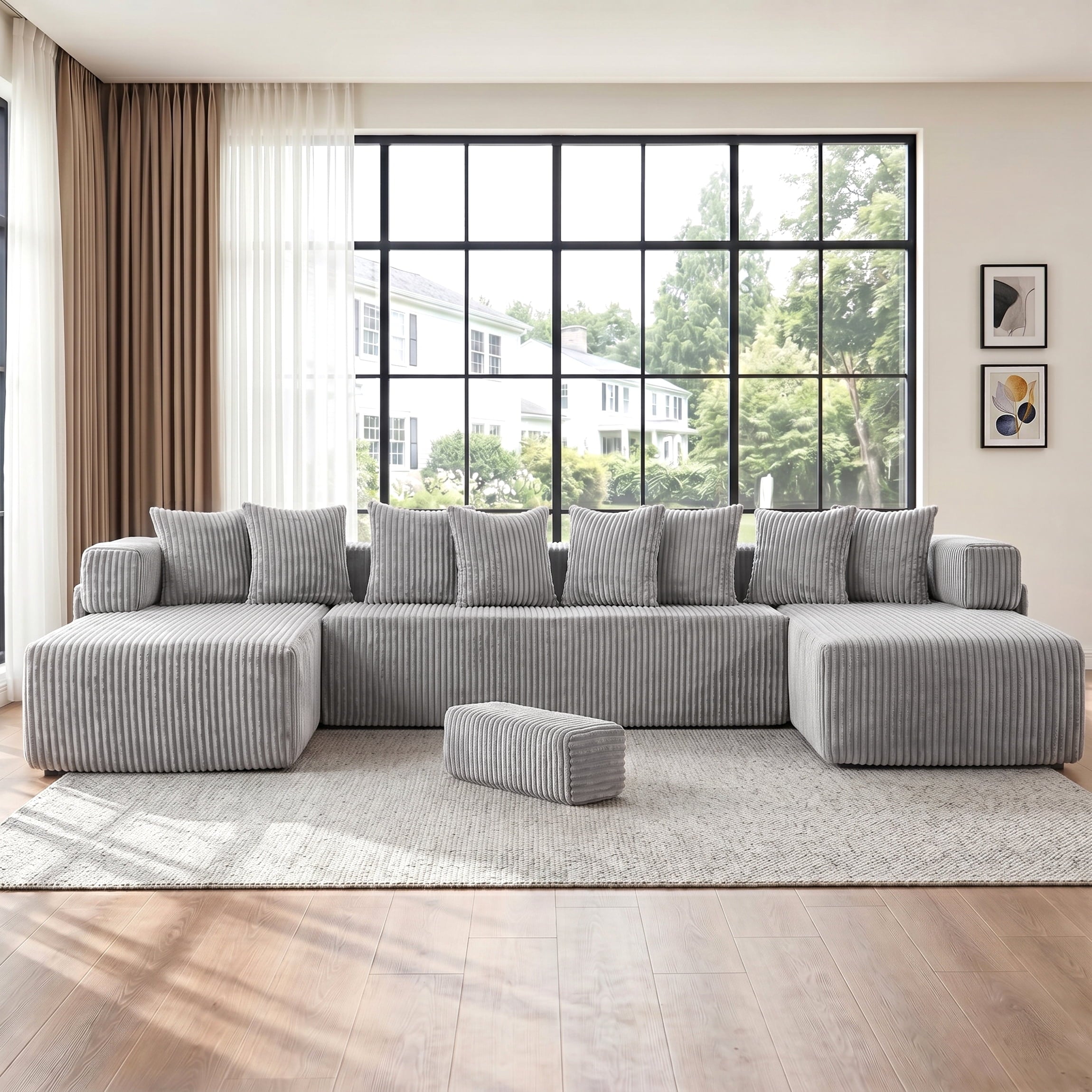 SOULART 138.5 U Shaped Sectional Couch,Gray Cloud Boneless Sofa For Living Room,Plush Corduroy Couches With Deep Seat Chaise Lounge,No Assembly Required