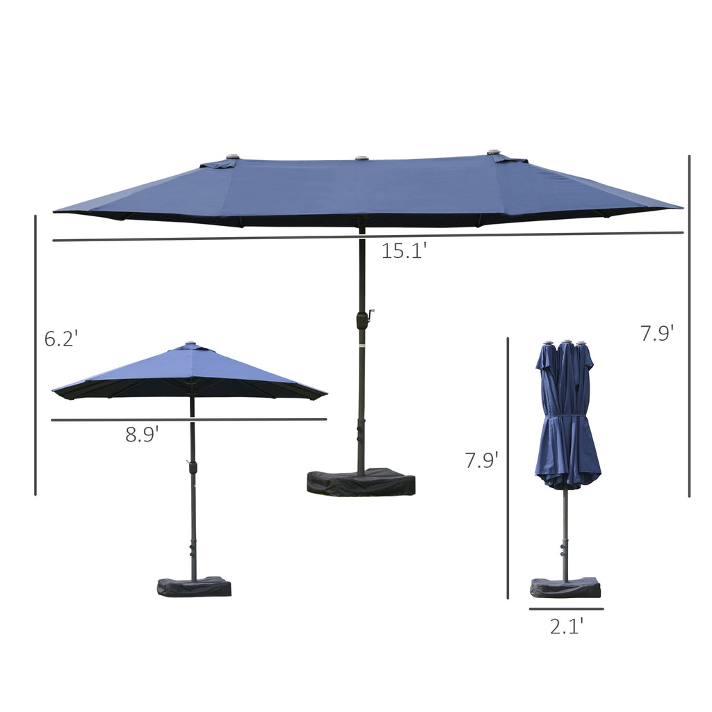 Outsunny Patio Umbrella 15' Steel Rectangular Outdoor Double Sided Market with base, Sun Protection & Easy Crank for Deck Pool Patio, Beige