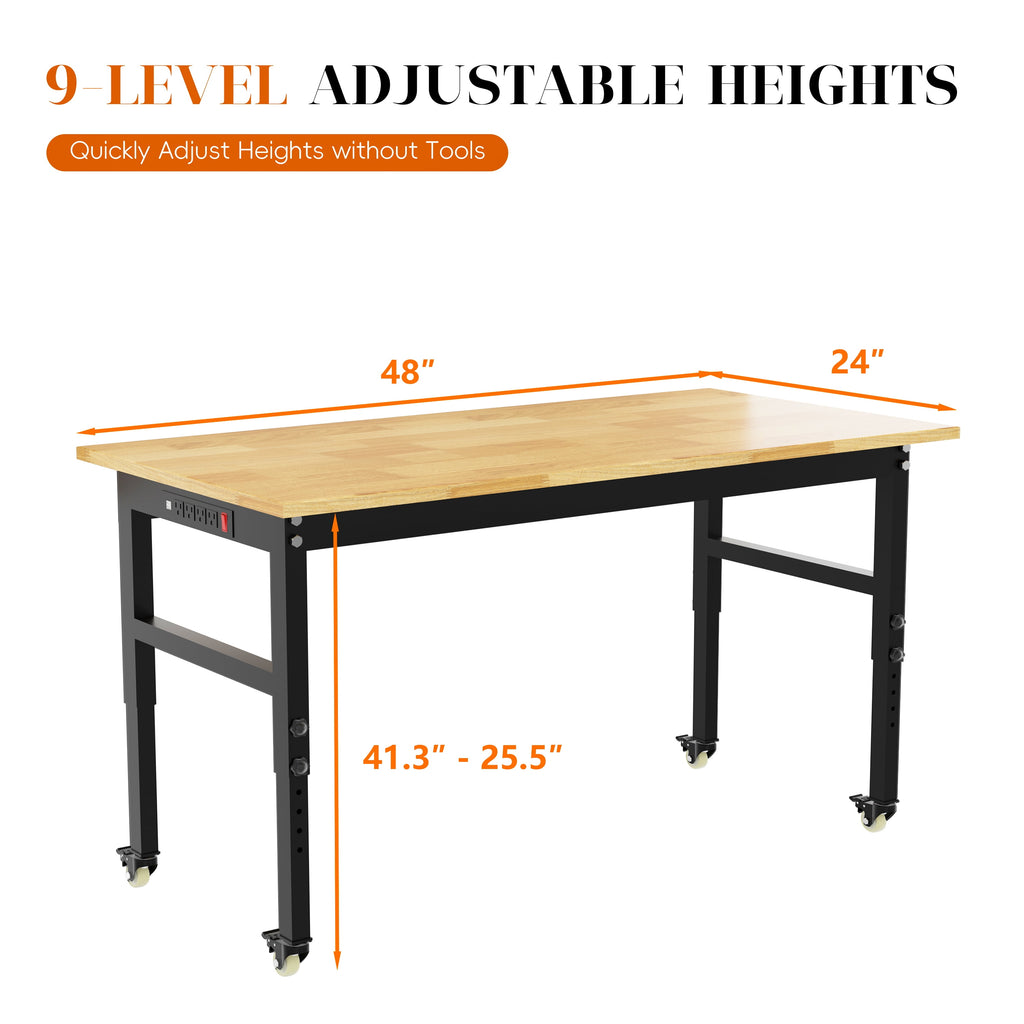 Joywind 60 Heavy-Duty Adjustable Workbench with Locking Wheels, Power Strip & Pegboard – Rubber Wood Work Table for Garage, Workshop, Home Office