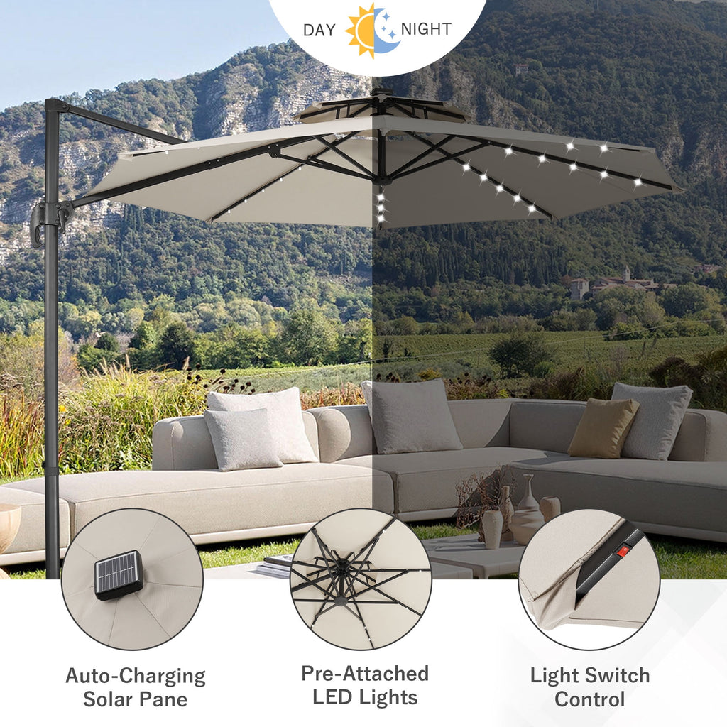Ainfox 10ft Double Top Heavy-Duty Patio Cantilever Umbrella with lights and Cross Base, Outdoor Large Offset Hanging Aluminum Rotation Sun Shade Solar Umbrella with 360°Rotation Adjustable,Khaki