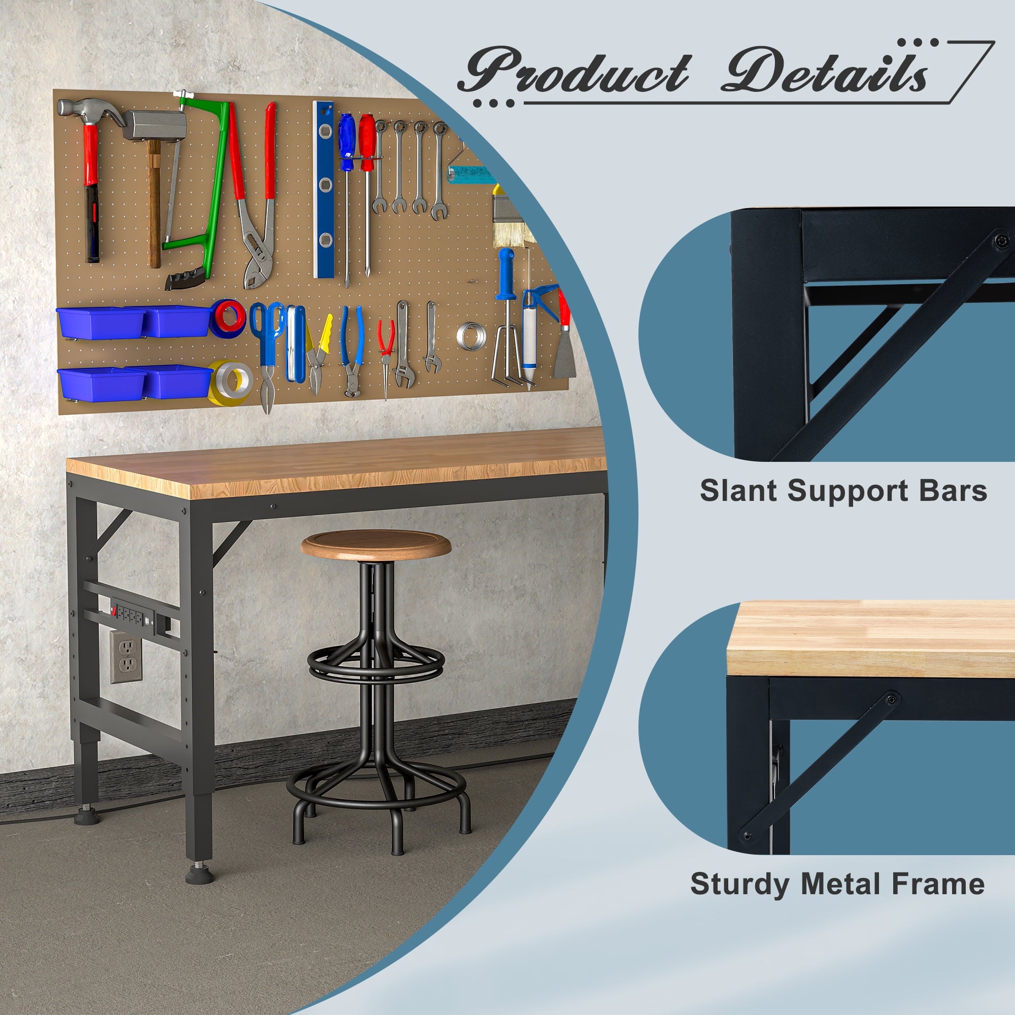 LZBEITEM 60 Adjustable Workbench for Garage, Rubber Wood Heavy Duty Workstation with Power Outlets, 2000 lbs Load Capacity Hardwood Worktable for Workshop, Garage, Office, Home, Commercial 23.62