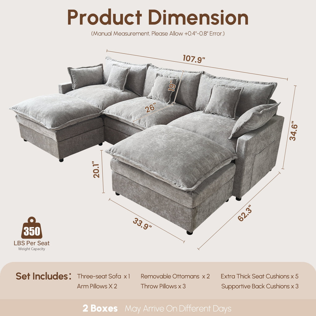 Ovios 108 Modular Sectional Sofa U-Shaped Cloud Couch with 2 Ottomans, Comfy Living Room Furniture, Chenille, Camel