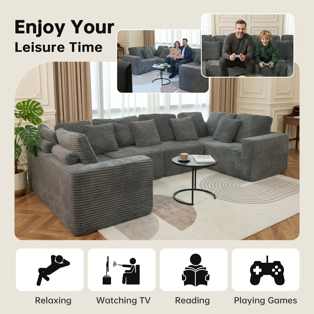 SOULART 138.5 U Shaped Sectional Couch,Gray Cloud Boneless Sofa For Living Room,Plush Corduroy Couches With Deep Seat Chaise Lounge,No Assembly Required