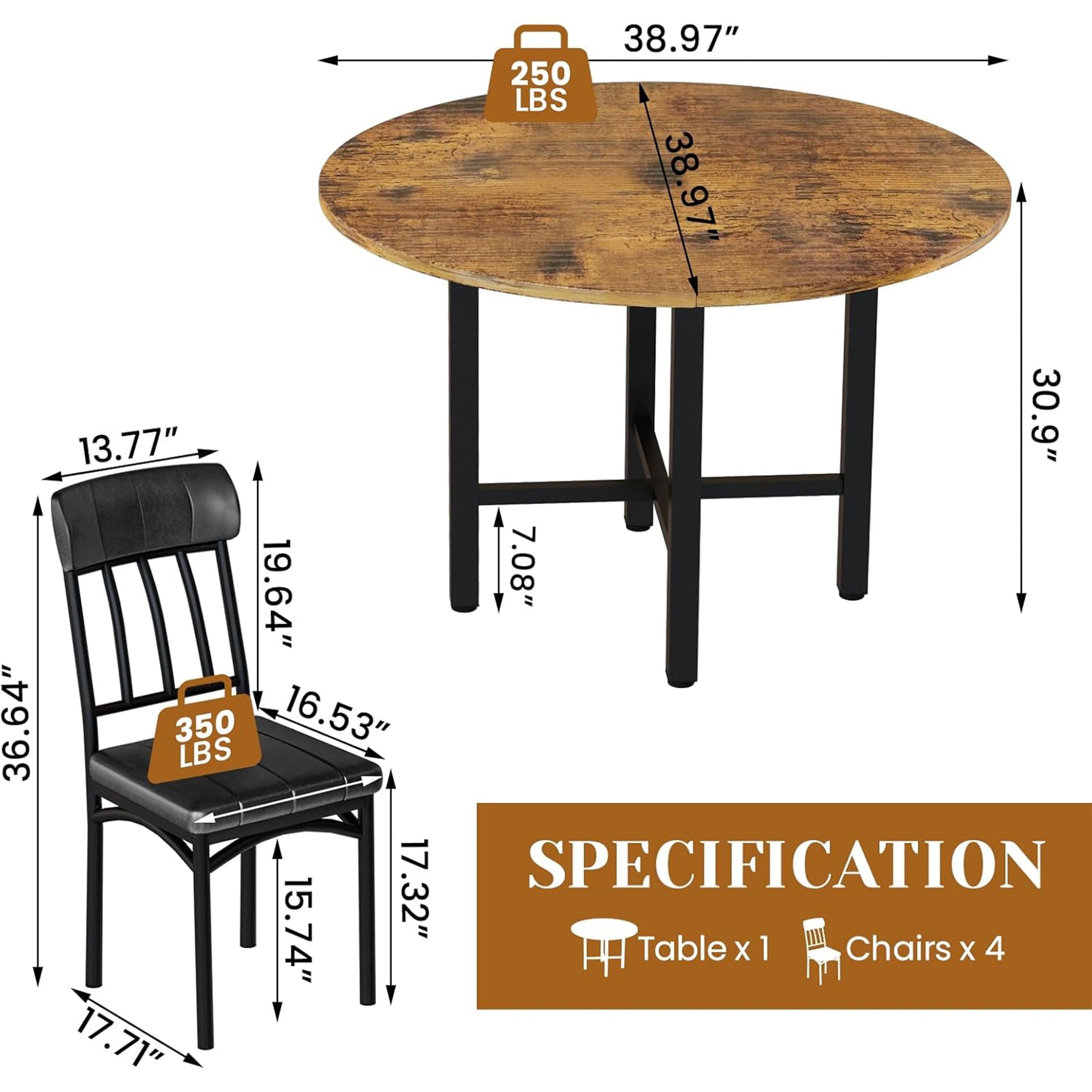 LinkRomat Round Dining Table Set for 4, Modern Dining Room Sets with 4 Faux Leather Chairs, Kitchen Dinner Wooden Table & Chair Set for Small Space, Grey