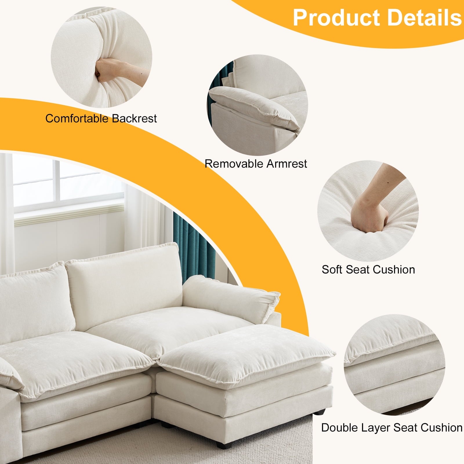 Ktaxon Sectional Sofa L Shaped Couch with Chaise Living Room Sleeper Set, 2 Seats with Chenille and Double Layer Cushions 86 W Beige