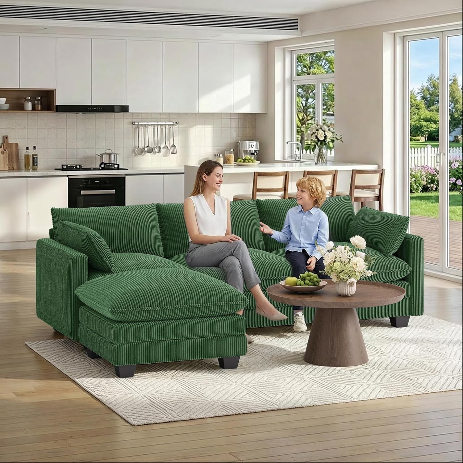 110'' Oversized L Shaped Couch for Living Room, Cloud Couches with Washable Corduroy Cover, Modern 4-Seater Comfy Deep-Seat Sofa with Movable Ottoman and 2 Throw Pillows for Apartment, Gray