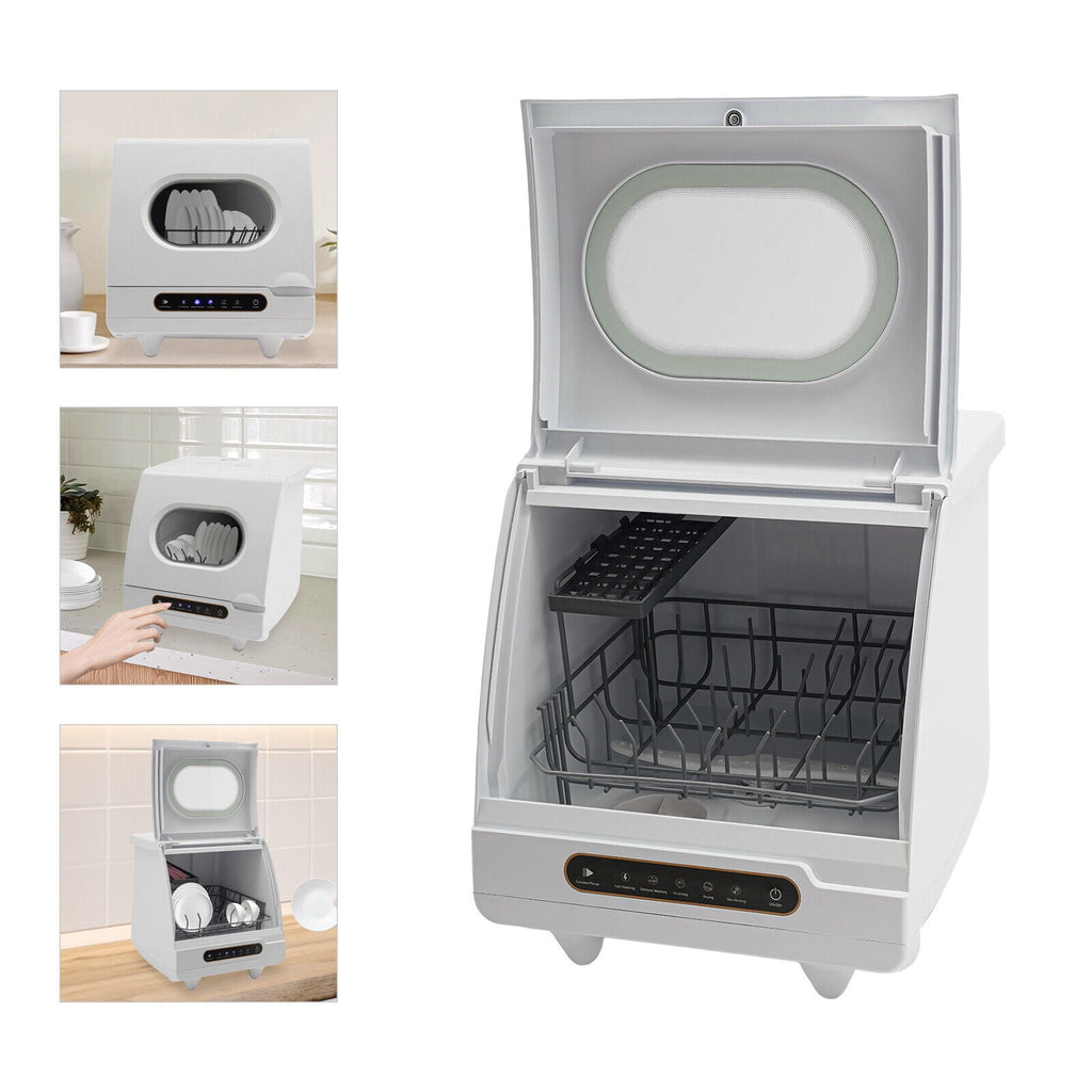 1200W Portable White Countertop Dishwasher Compact Dishwasher 5 Washing Programs