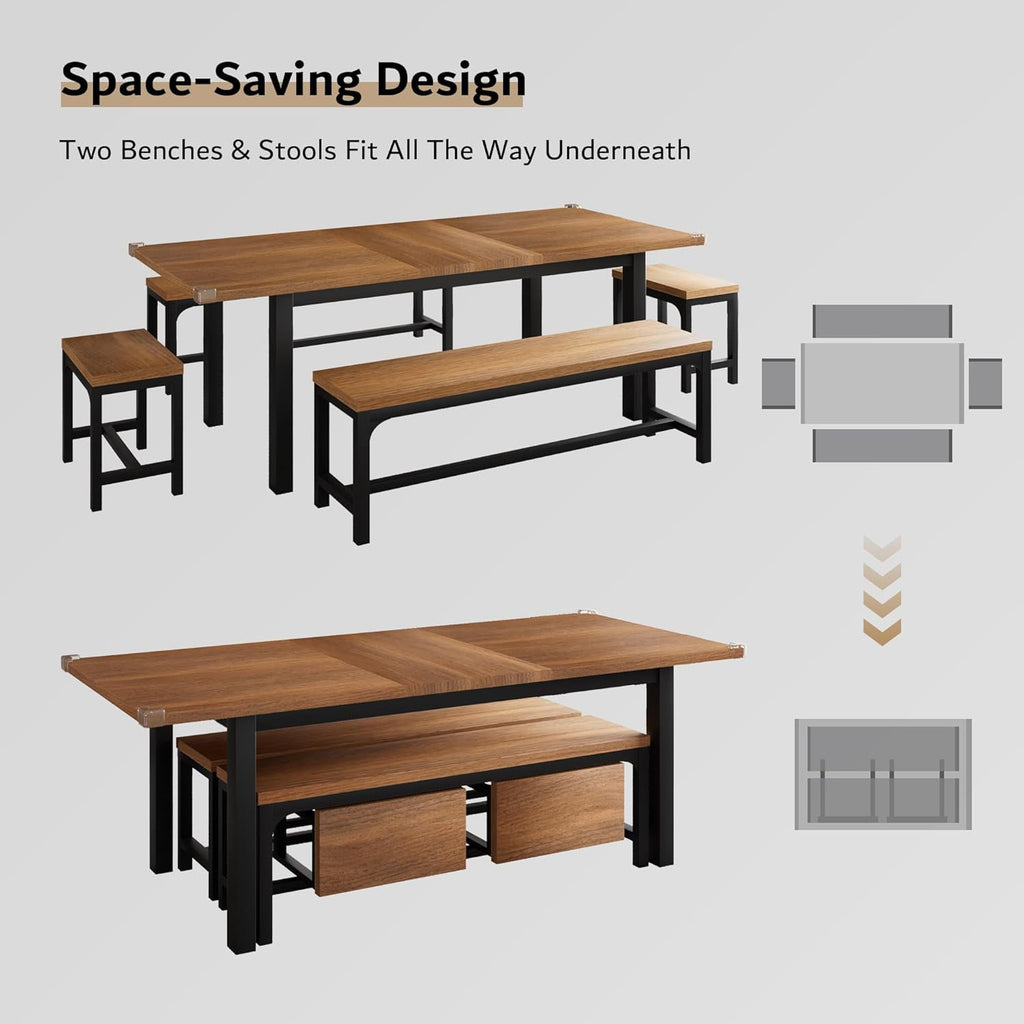 iPormis 5-Piece Dining Table Set for 4-8 People, Extendable Kitchen Table Set with 2 Benches and 2 Square Stools, Espresso