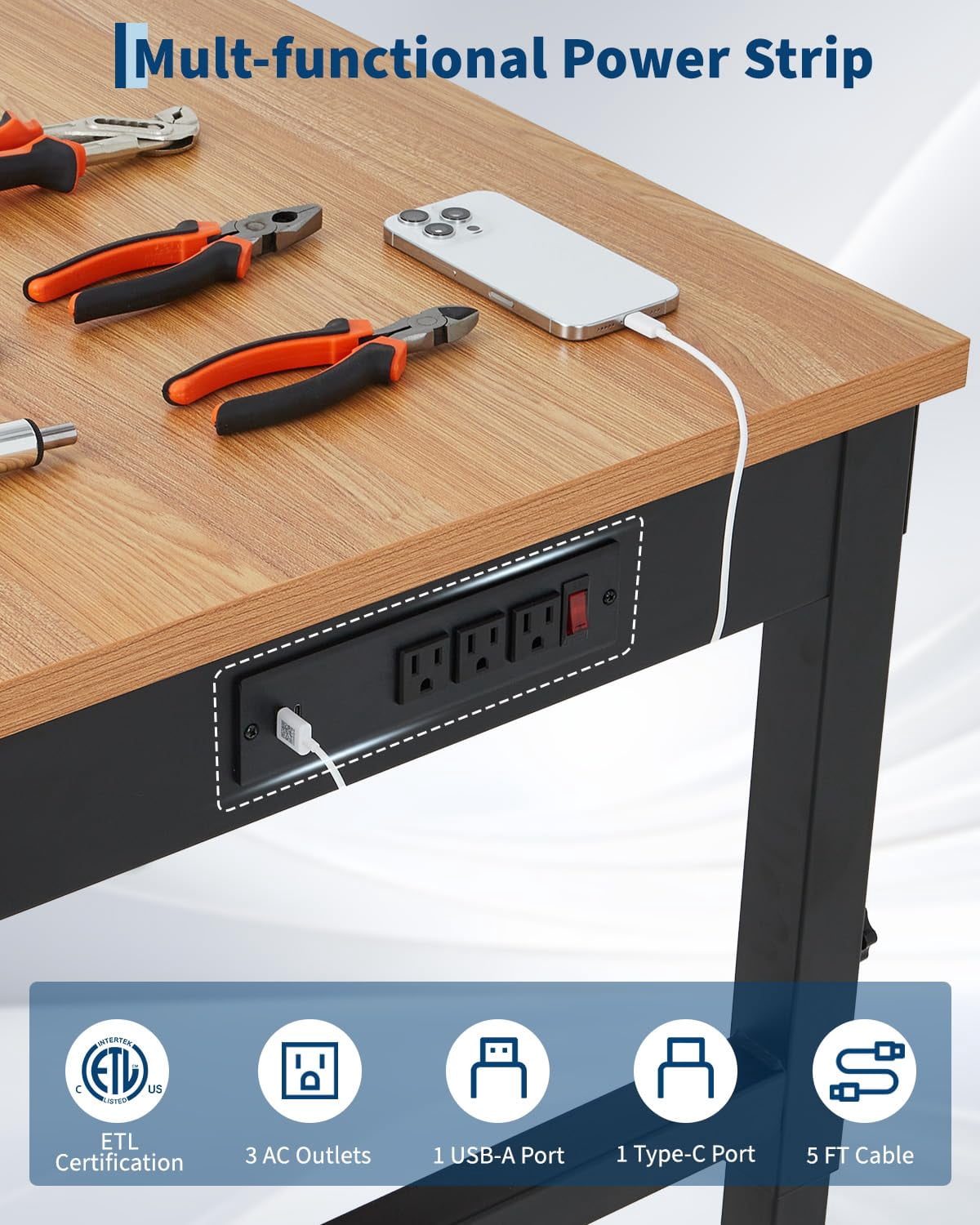 Adjustable Heavy-Duty Workbench with Power Outlets – 48 / 60 / 72 Inch Wood Top Work Table, 2500 lb Capacity, Steel Frame for Garage, Workshop, or Home Office