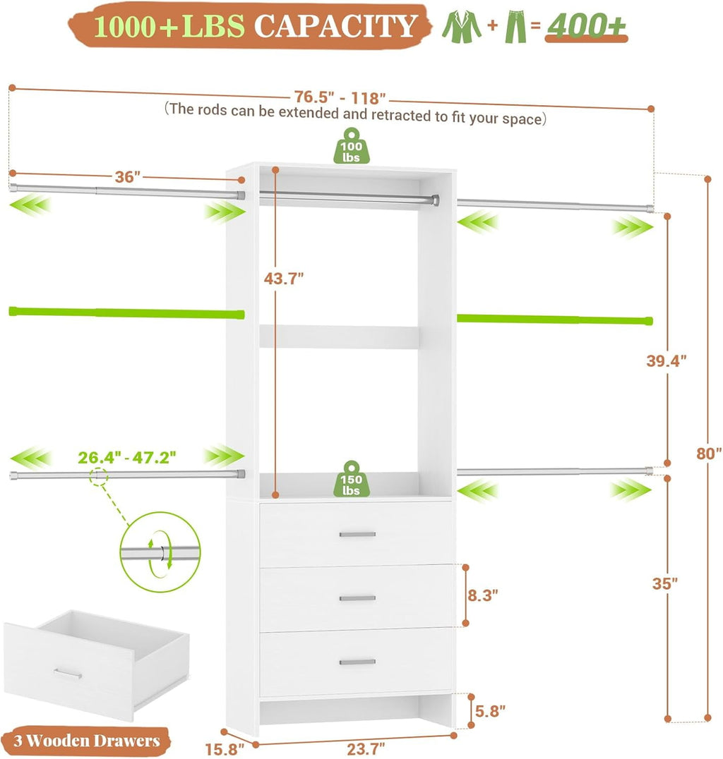 Homieasy Closet System, Closet Organizer with 3 Wooden Drawers, Walk-in Closet Wardrobe Clothes Rack with 4 Hanging Rods, Garment Rack, White