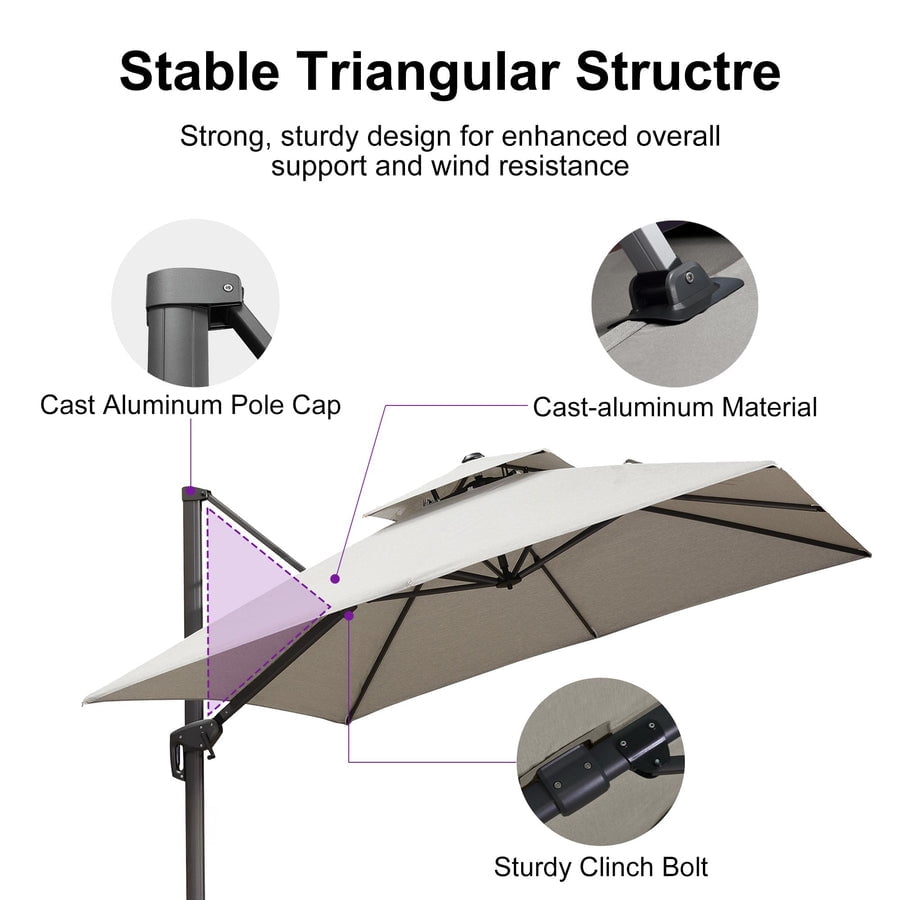 PURPLE LEAF Cantilever Umbrellas 12FT Square Large Patio Umbrella Offset Umbrella with 360°Rotation Tilting And Hanging Double Top, Grey