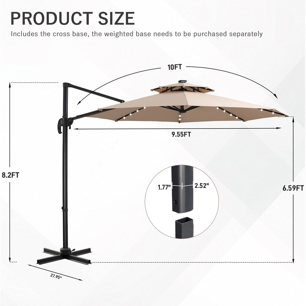 Ainfox 10ft Double Top Heavy-Duty Patio Cantilever Umbrella with lights and Cross Base, Outdoor Large Offset Hanging Aluminum Rotation Sun Shade Solar Umbrella with 360°Rotation Adjustable,Khaki