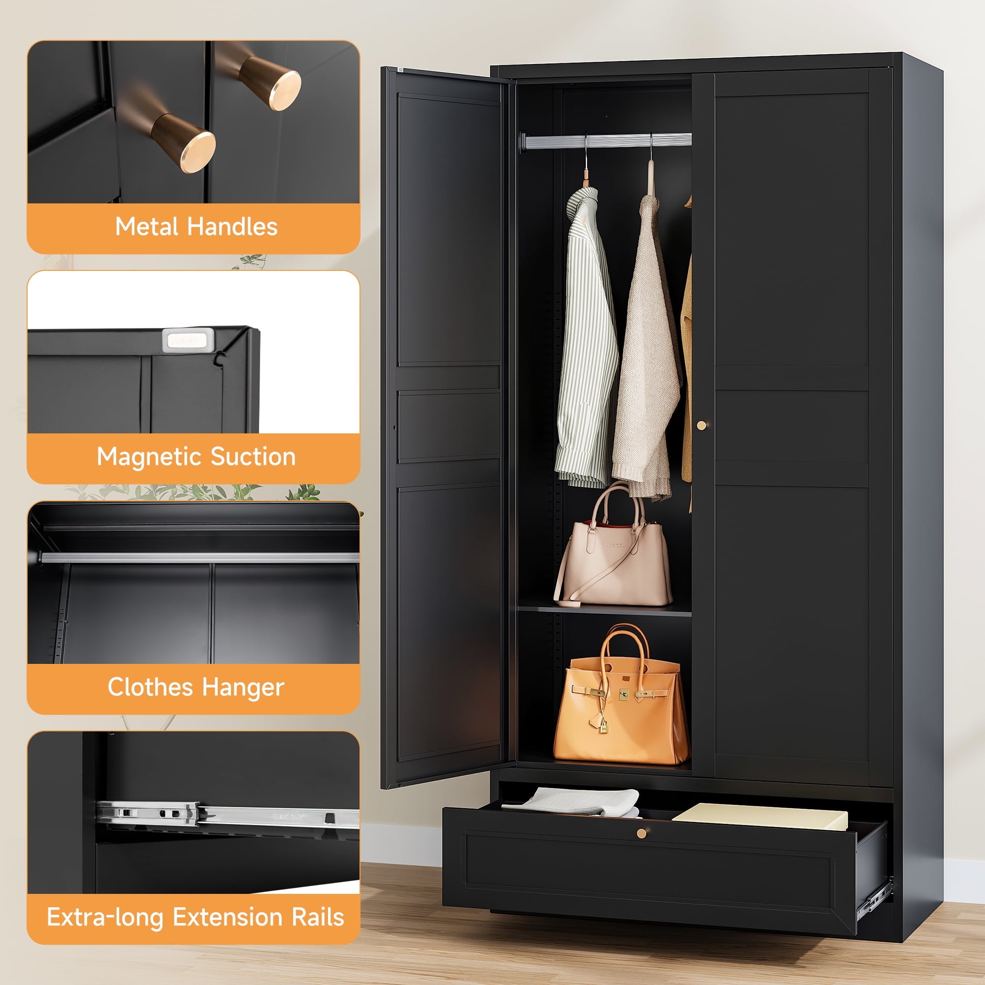 STANI Metal Wardrobe Closet with Hanging Rod, 72 White Armoire Wardrobe Cabinet with Adjustable Shelves, Clothes Storage Organizer Cabinets for Bedroom, Bathroom, Office