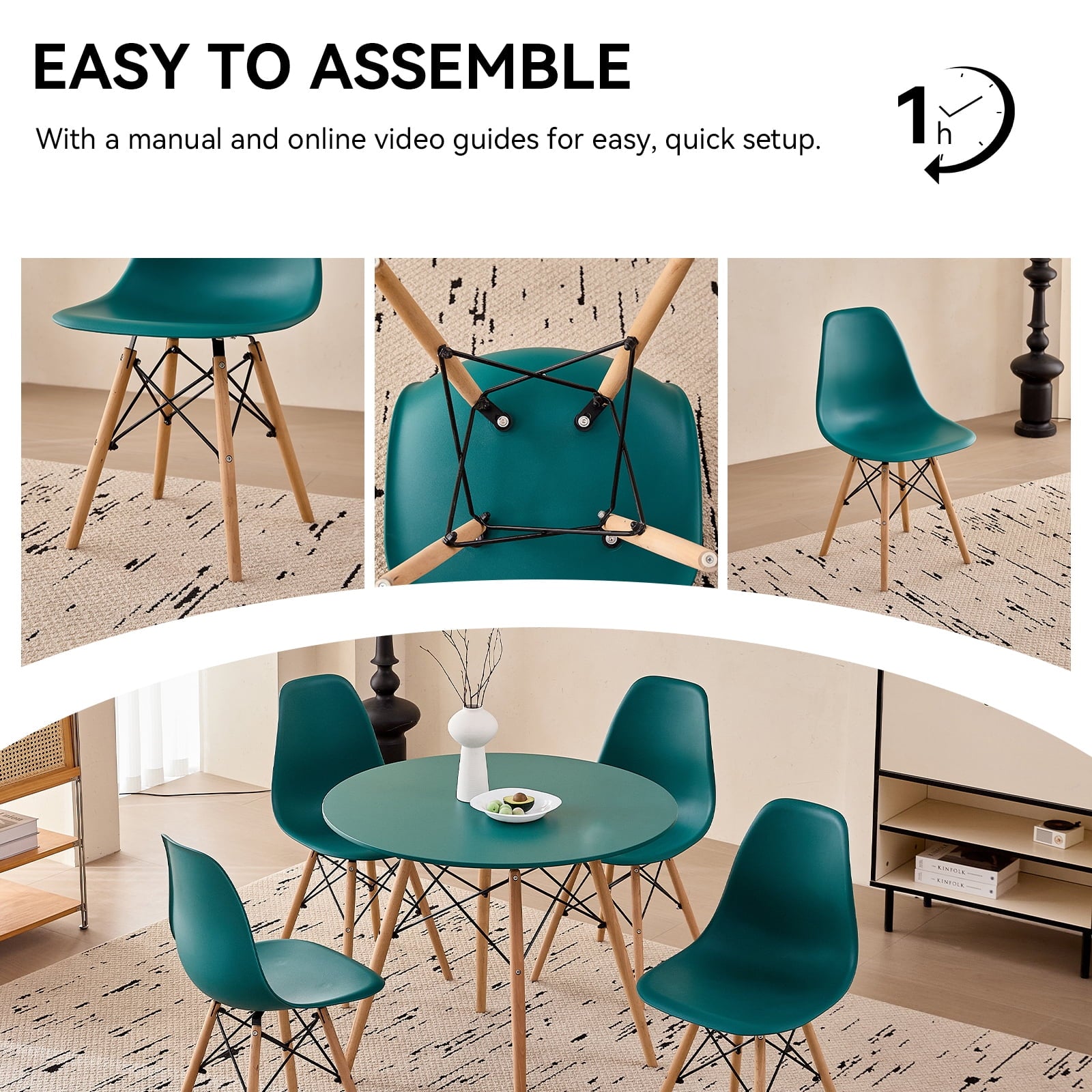 5-Piece 35.5'' Round Dining Table Set for 4, Kitchen Table Chair Set of 4, Mid-Century Modern Dinette Dining Room Table Set Dinner Table for 4 W/Solid Wood Legs, White