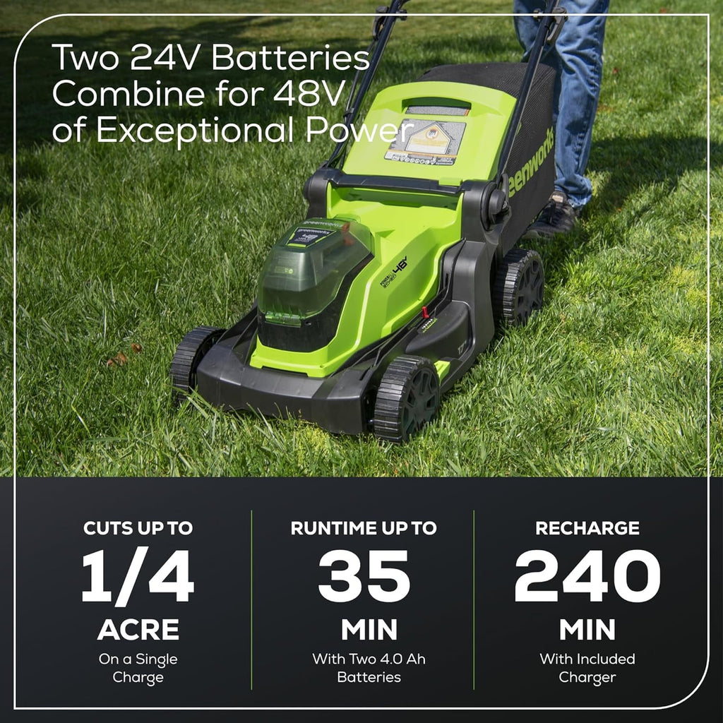 Greenworks 48V (24V x 2) 17 Brushless Cordless Push Lawn Mower, Includes (2) 4.0Ah Batteries and Dual Port Rapid Charger (200+ Compatible Tools, 45-Min Runtime)