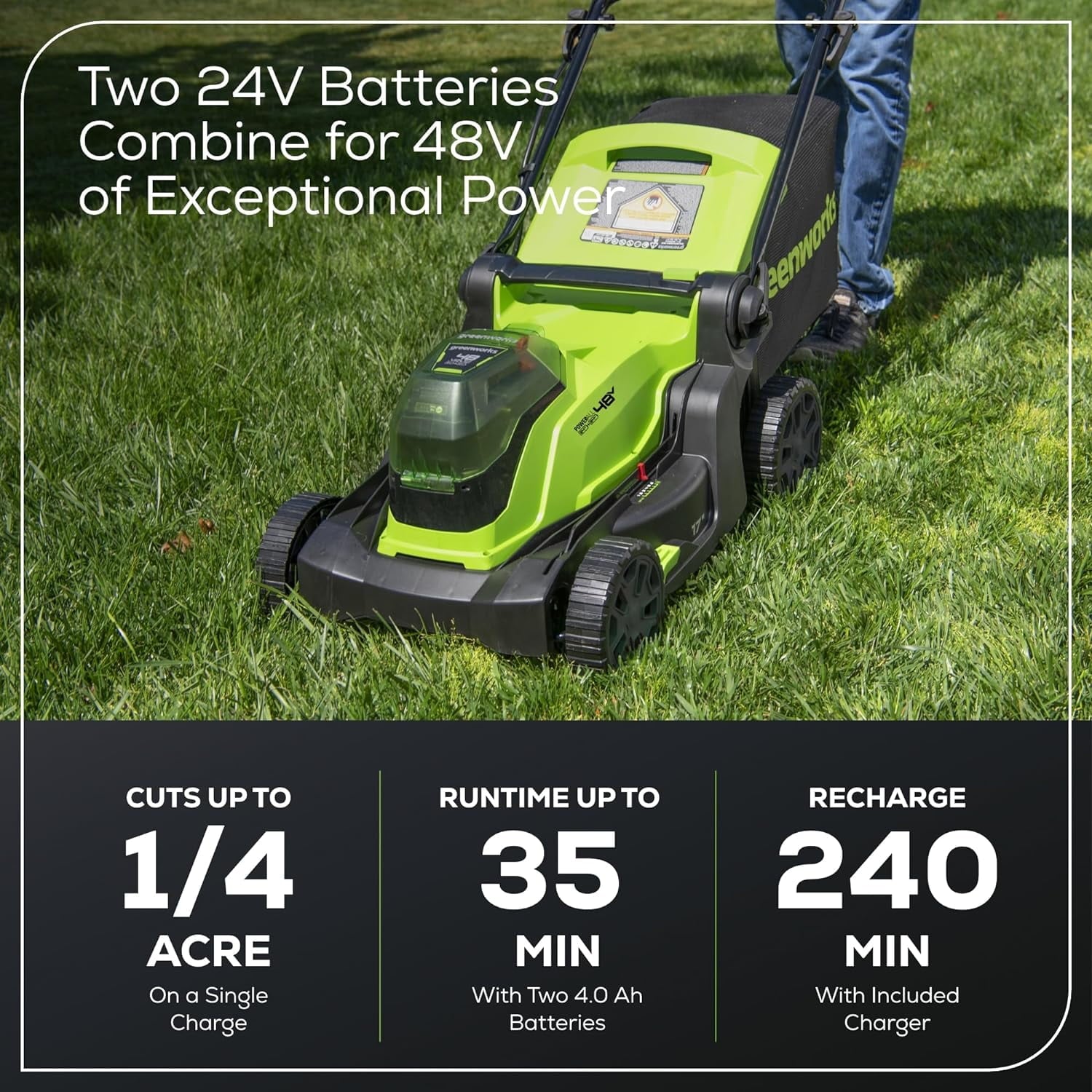 Greenworks 48V (24V x 2) 17 Brushless Cordless Push Lawn Mower, Includes (2) 4.0Ah Batteries and Dual Port Rapid Charger (200+ Compatible Tools, 45-Min Runtime)