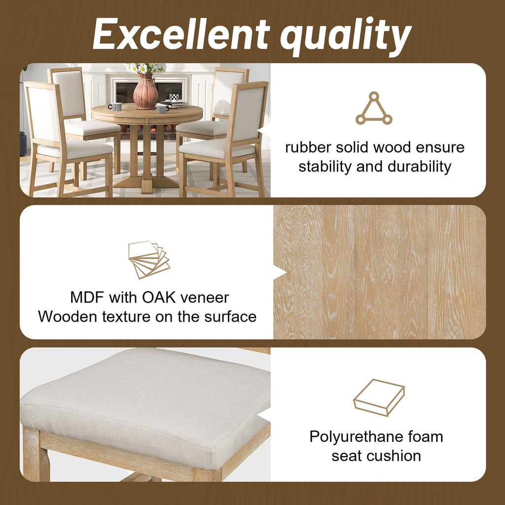 Harper & Bright Designs Farmhouse 5 Piece Kitchen Dining Table Set for 4, Solid Wood Extendable Round Dining Table Set and 4 Upholstered Chairs, Retro Dining Set for Kitchen, Natural Wood Wash