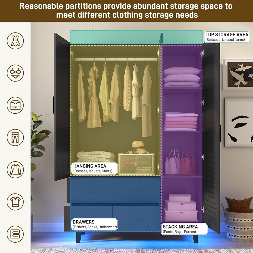 Blotout 70 Armoire Wardrobe Closet with Mirror & LED Lights, LED White Louver Door Wardrobe Armoire with 3 Drawers & Hanging Rods, Large 3 Doors Armoire Storage with Multi-Layer Shelves