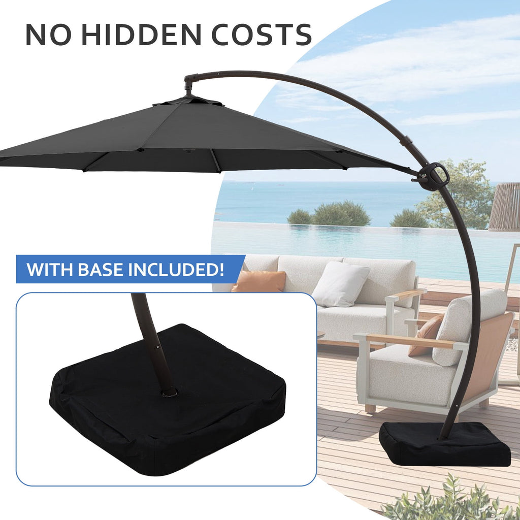 FUNDAZE 11ft Market Patio Umbrella with Base, Curved Cantilever Hanging Sun Shade with Crank & Tilt for Garden, Deck, Poolside,Beige