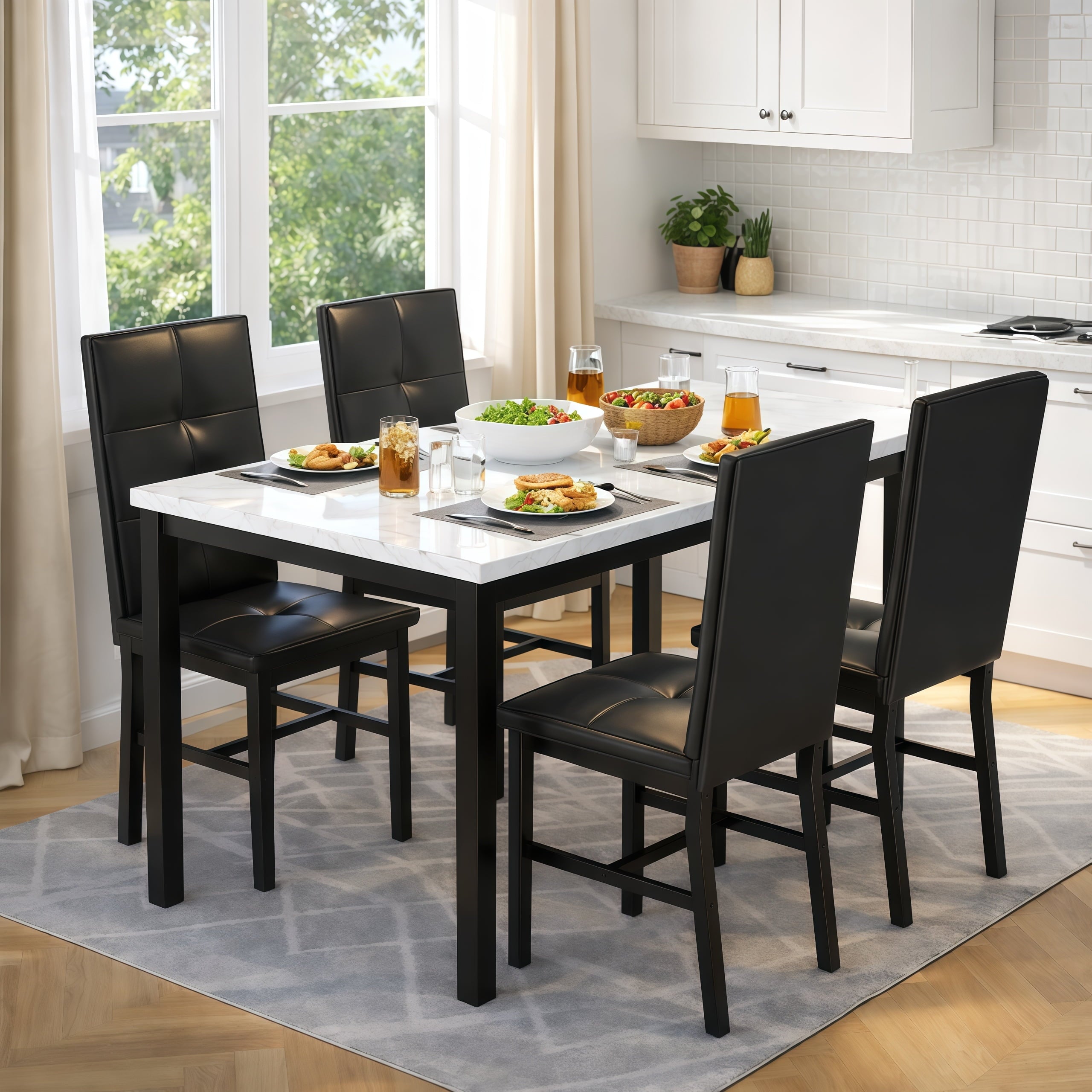 LinkRomat Dining Table Set for 4, Modern Faux Marble Tabletop and 4 PU Leather Upholstered Chairs, Kitchen Table and Chairs for Dining Room Breakfast Nook, Gray