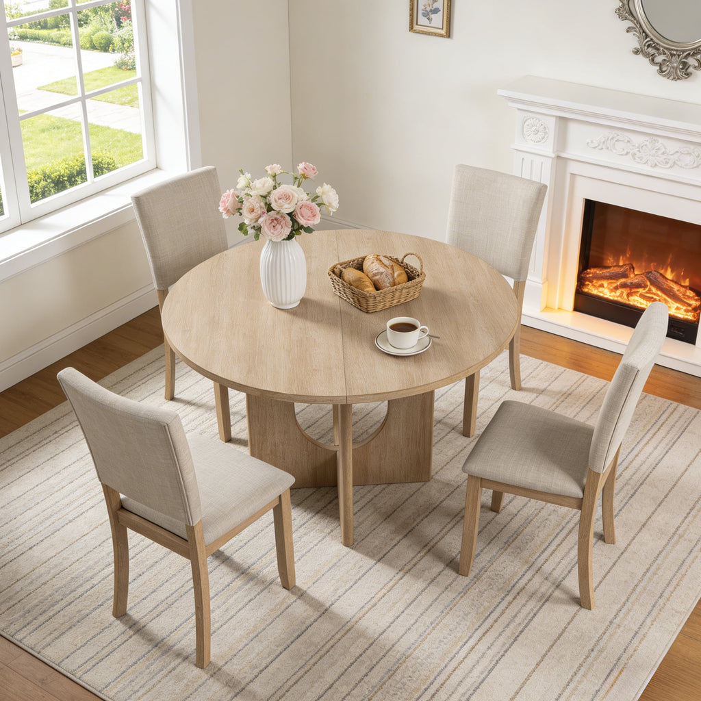 Leovanni Modern 48 5-Piece Solid Wood Dining Table Set with 4 Upholstered Chairs, Rectangular Kitchen & Dining Room Set, Natural