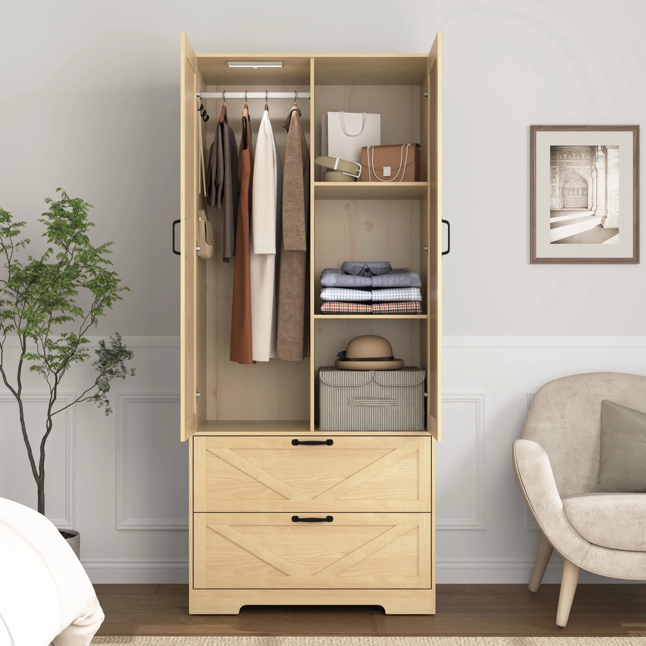 AISWORD 60 Tall Metal Wardrobe Cabinet with 1 Drawer and Hanging Rod, 2 Doors Closet with Adjustable Shelf, White