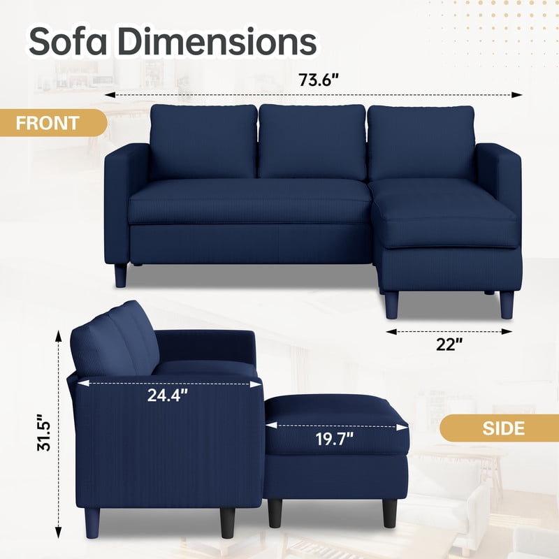 Walsunny 73.6 Convertible Sectional Sofa Couch, L-Shaped 3-Seat Sofa Couch with Reversible Chaise for Small Space,Dark Gray