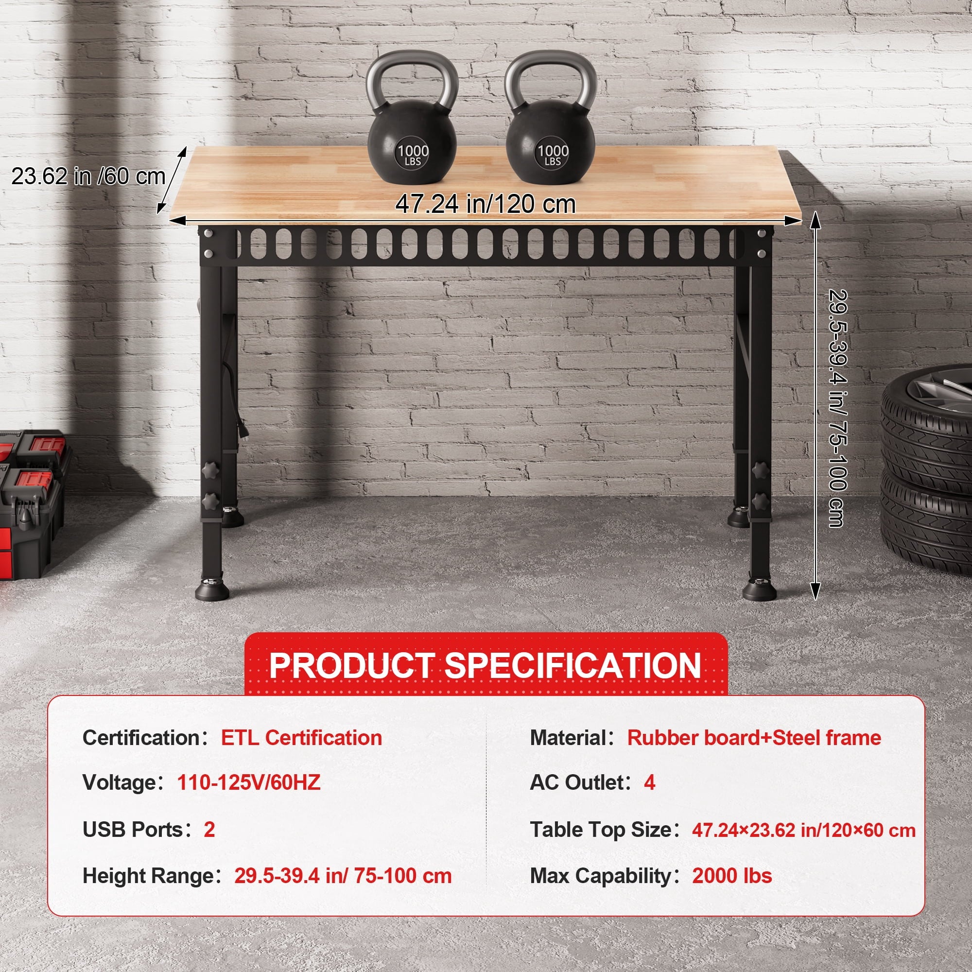 AHB 70 Adjustable Height Workbench with Power Outlets and Pegboard, 2000 lbs Heavy Duty Rubber Wood Top Work Table for Garage, Workshop, Office and Home