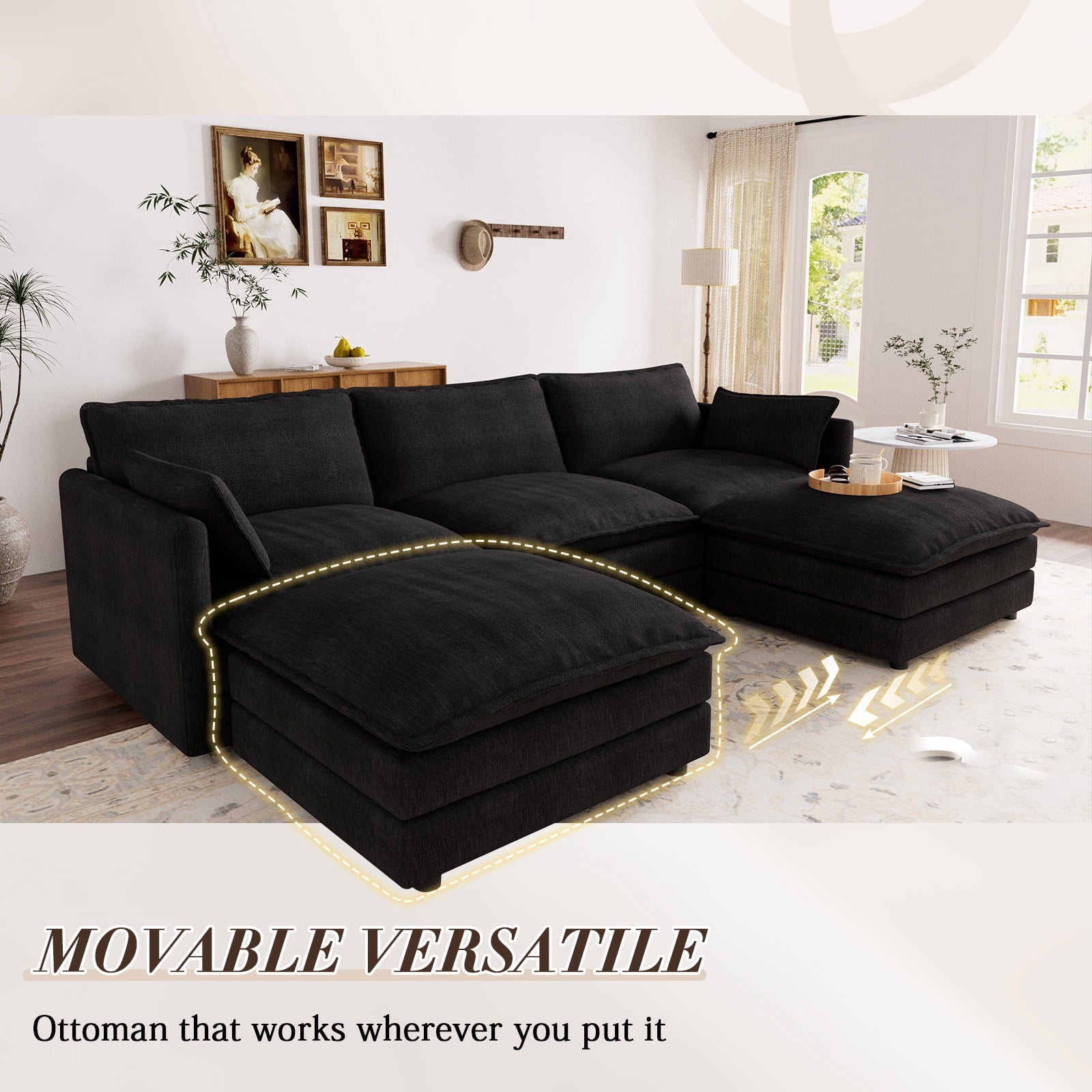 Muumblus Sectional Sofa Cloud Couch with Reversible Ottoman, L-Shaped Chenille Sofa for Living Rooms, Beige