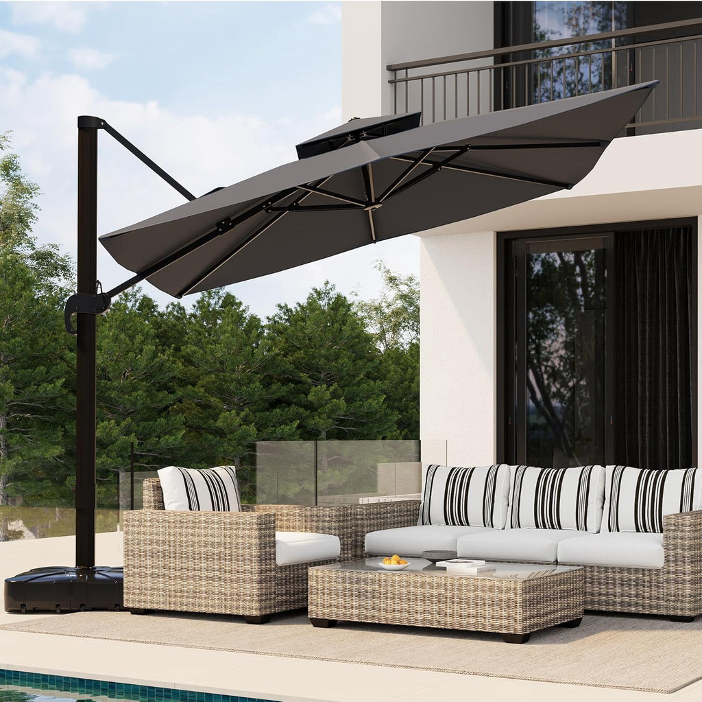 SOLLED 10x10 FT Outdoor Umbrella with Base, Cantilever Patio Umbrella 360° Rotation Adjustable Height, Square Sun Shade for Pool Garden Backyard,Blue