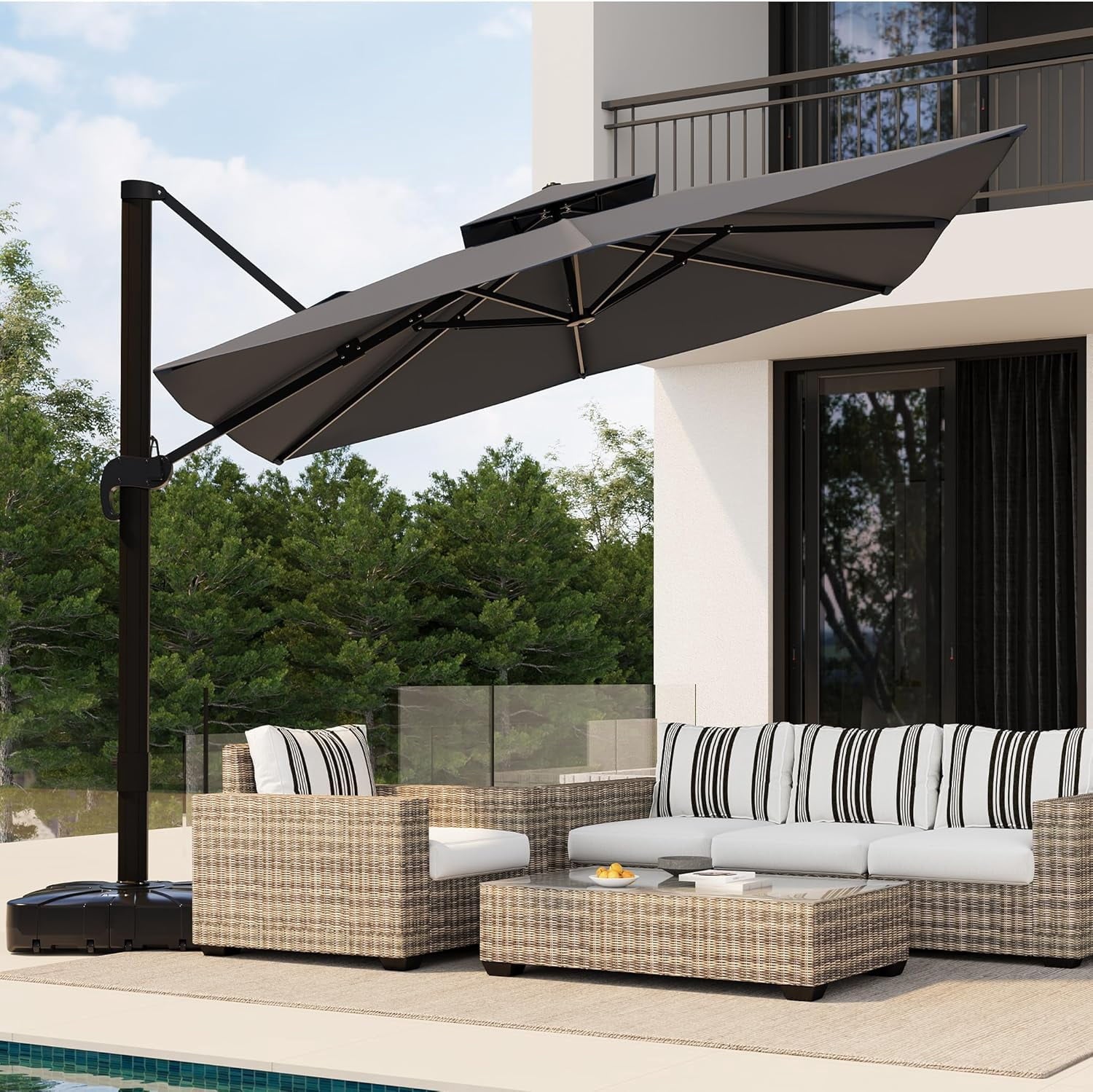 SOLLED 10x10 FT Outdoor Umbrella with Base, Cantilever Patio Umbrella 360° Rotation Adjustable Height, Square Sun Shade for Pool Garden Backyard,Blue