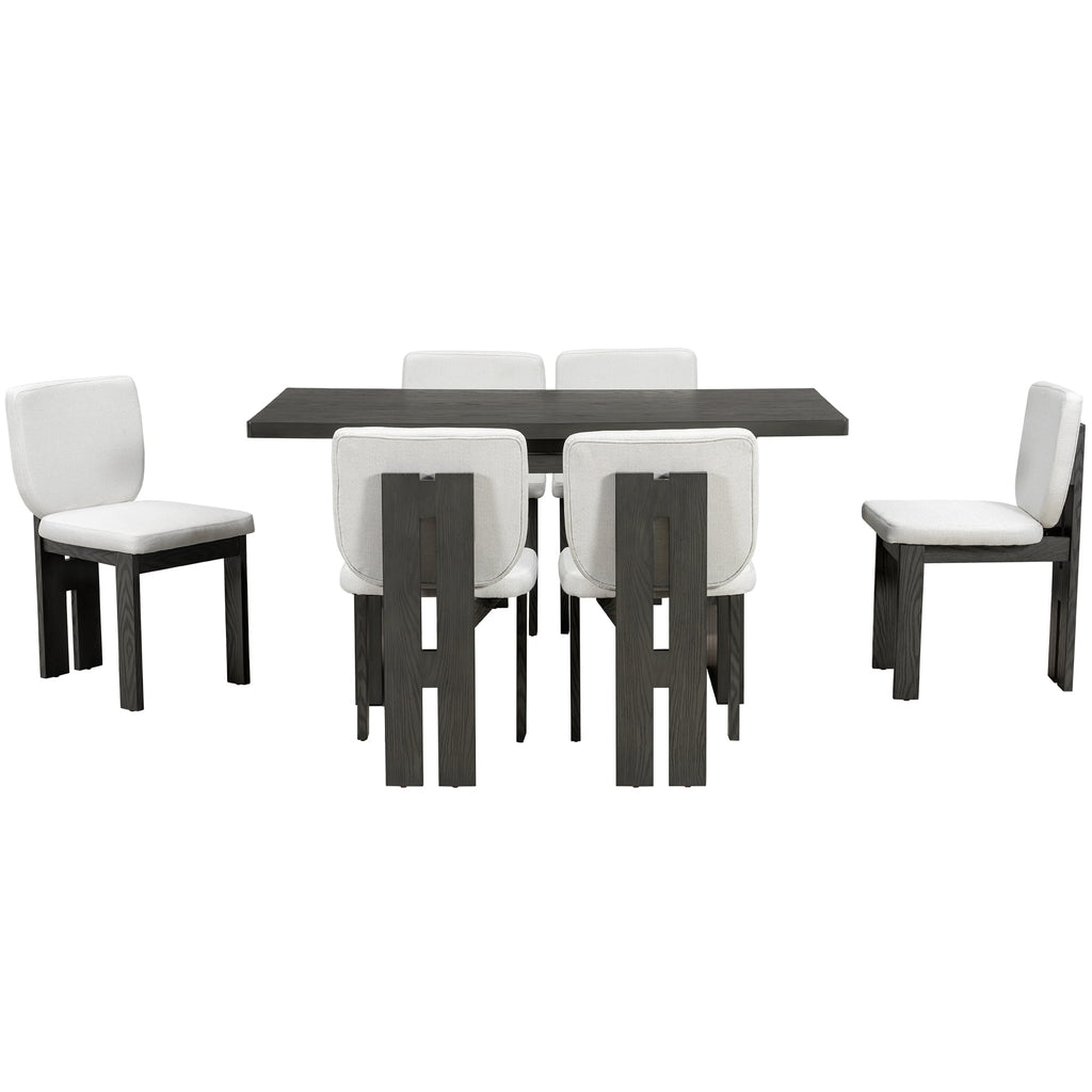 Euroco 7-Piece Dining Table Set for 6, 59 Kitchen Table Set with 6 Upholstered Chairs and Wooden Frame,Retro Dining Set for Kitchen Dining Room, Natural