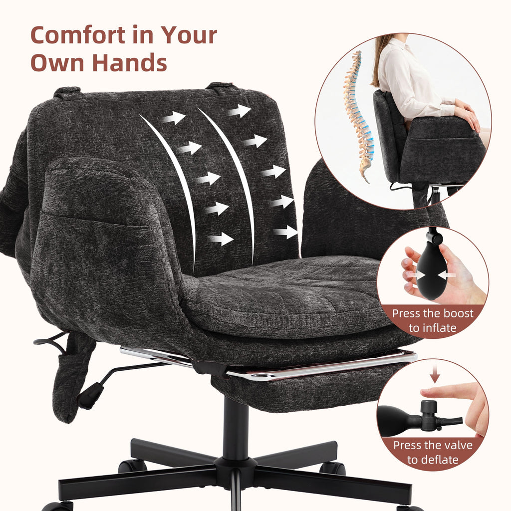 Hforesty Cross Legged Office Chair, Inflatable Flip-up Back & Wide Seat, 5-Position Armrests & Footrest, Ergonomic Task Chair for Home Office, Gray