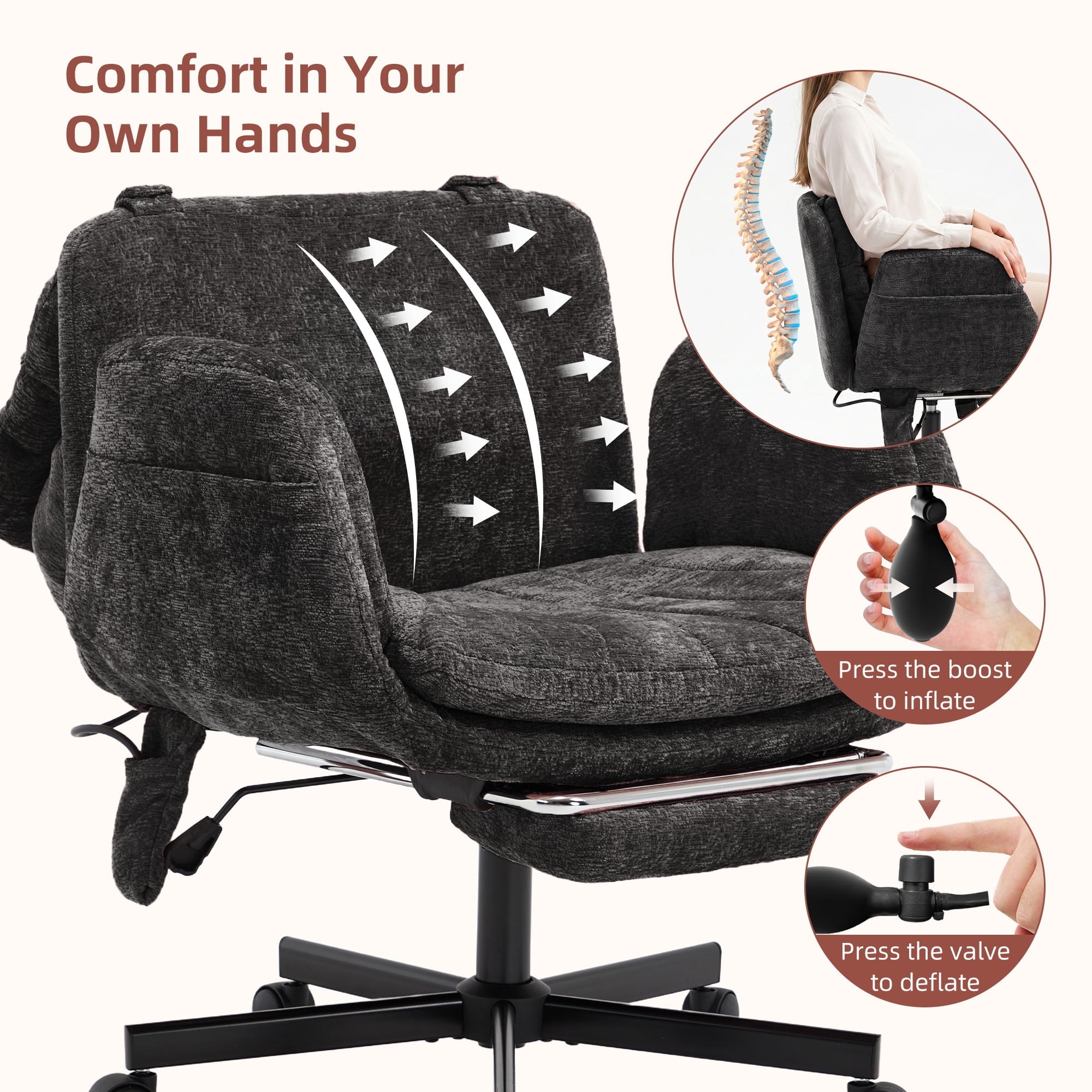 Hforesty Cross Legged Office Chair, Inflatable Flip-up Back & Wide Seat, 5-Position Armrests & Footrest, Ergonomic Task Chair for Home Office, Gray