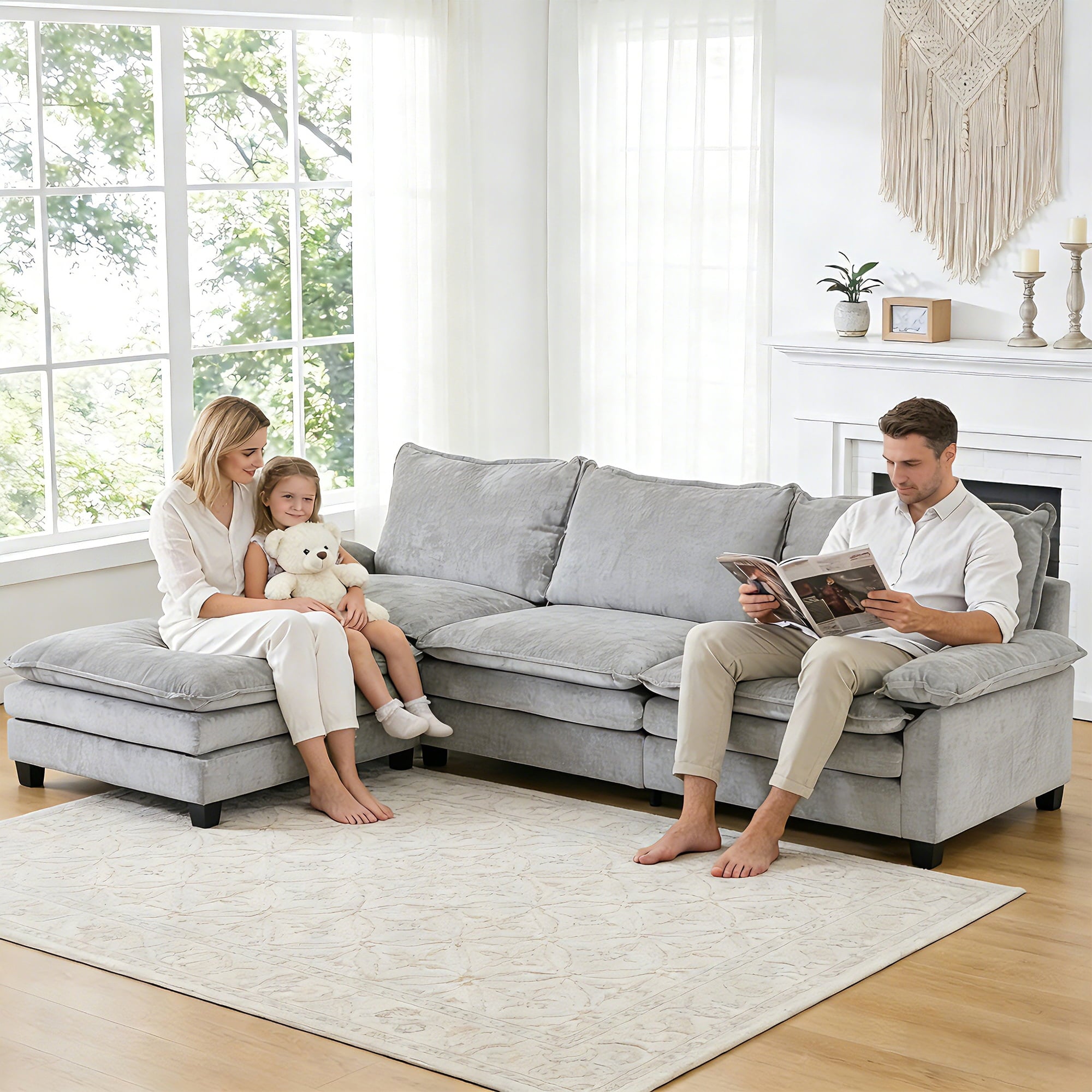 Ktaxon Sectional Sofa L Shaped Couch with Chaise Living Room Sleeper Set, 2 Seats with Chenille and Double Layer Cushions 86 W Beige