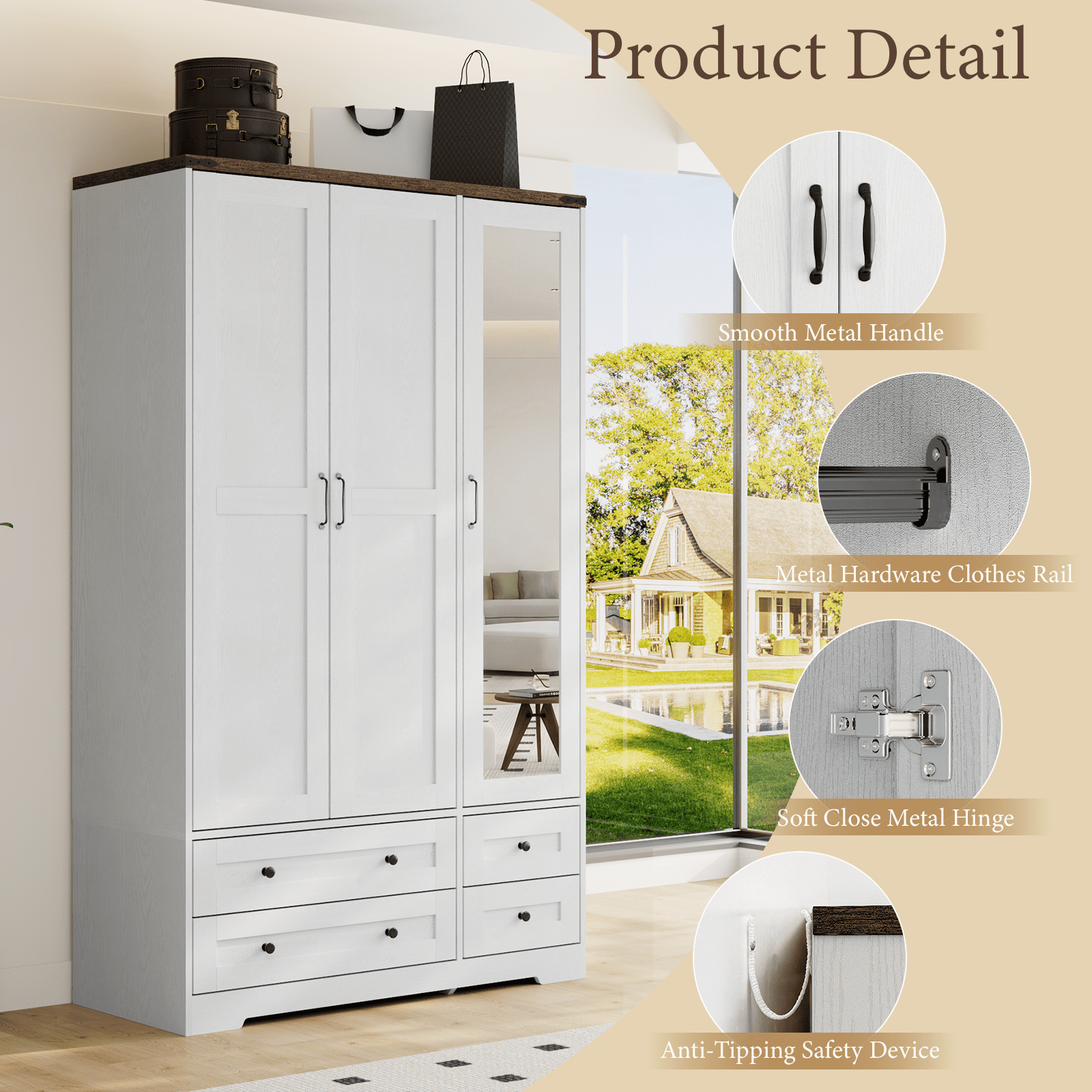 Brafabhome 71H Armoire Wardrobe Closet with 2 Drawers, Farmhouse 2 Doors Armoire Cabinet with Hanging Rod, Modern Freestanding Wardrobe Clothes Cabinet for Bedroom | Gray