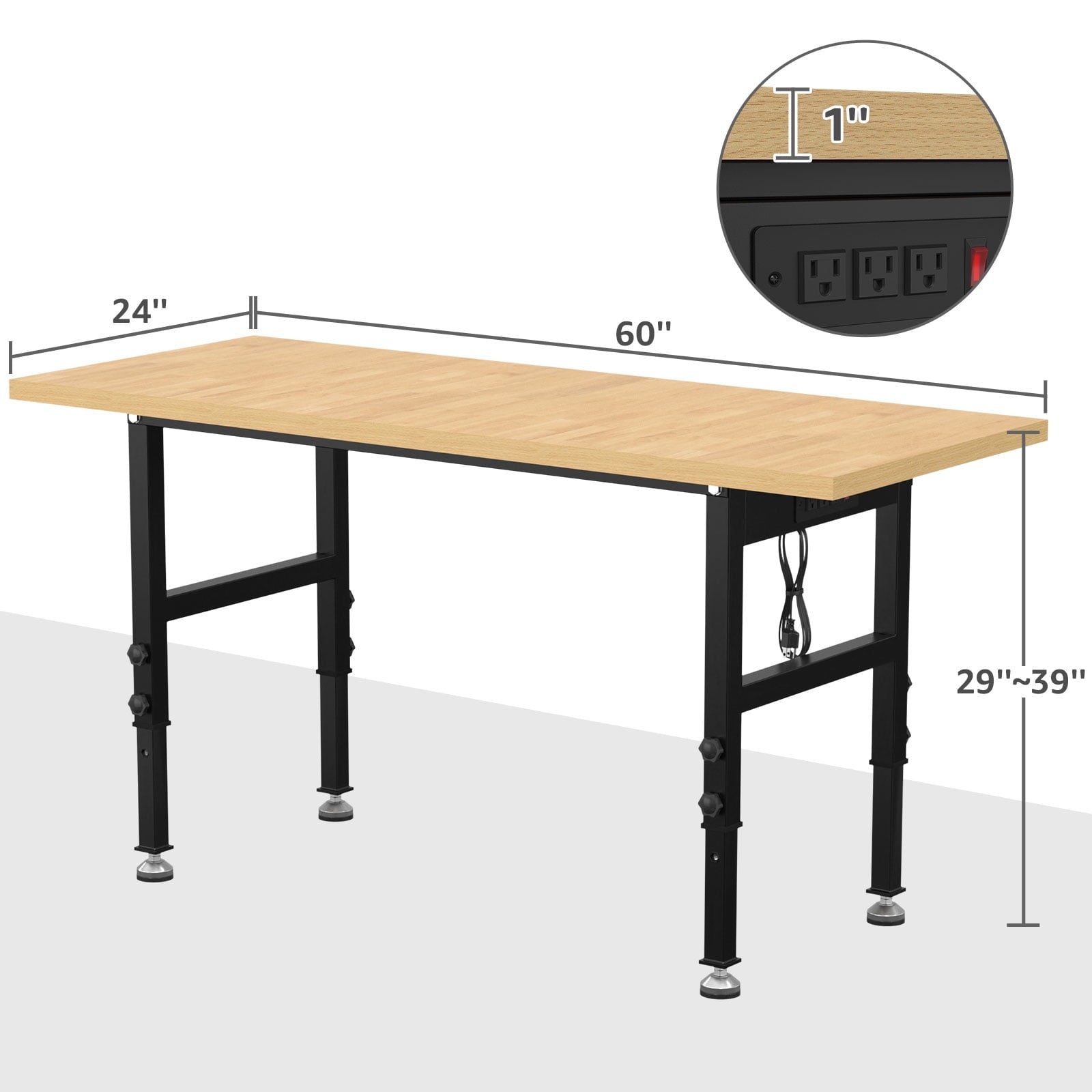 60 Adjustable Workbench,Heavy-Duty Work Table,3000 LBS Load Capacity Hardwood Workstation Outlets with Power strips and Wheels,for Workshop, Garage