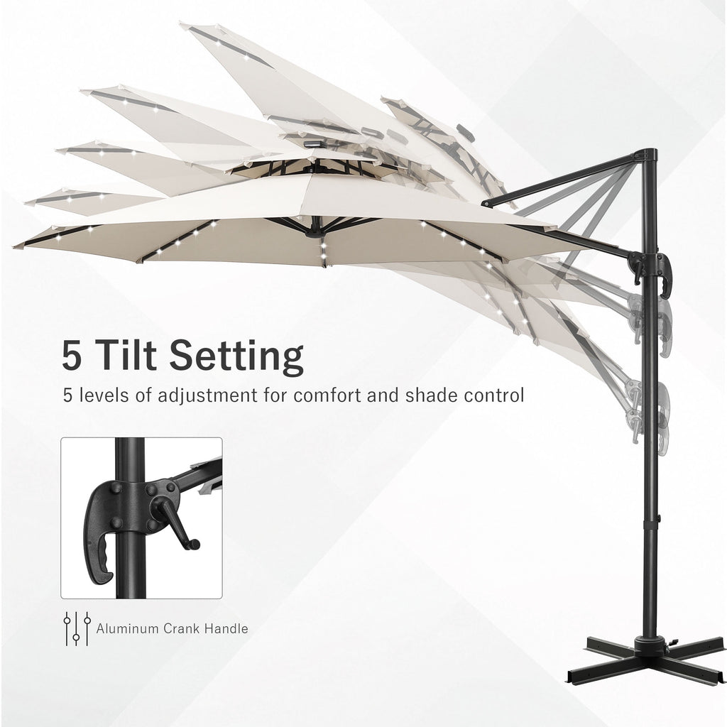 Ainfox 10ft Double Top Heavy-Duty Patio Cantilever Umbrella with lights and Cross Base, Outdoor Large Offset Hanging Aluminum Rotation Sun Shade Solar Umbrella with 360°Rotation Adjustable,Khaki
