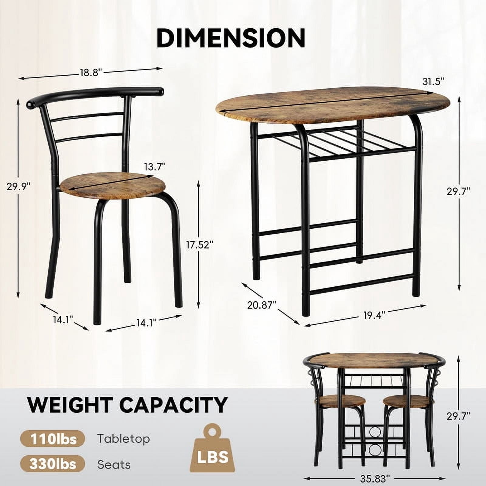 Homall 3 Piece Wood and Metal Dining Table Set, Small Dining Table for 2, Modern Dining Set for Living Room, Dining Room, Kitchen, Black