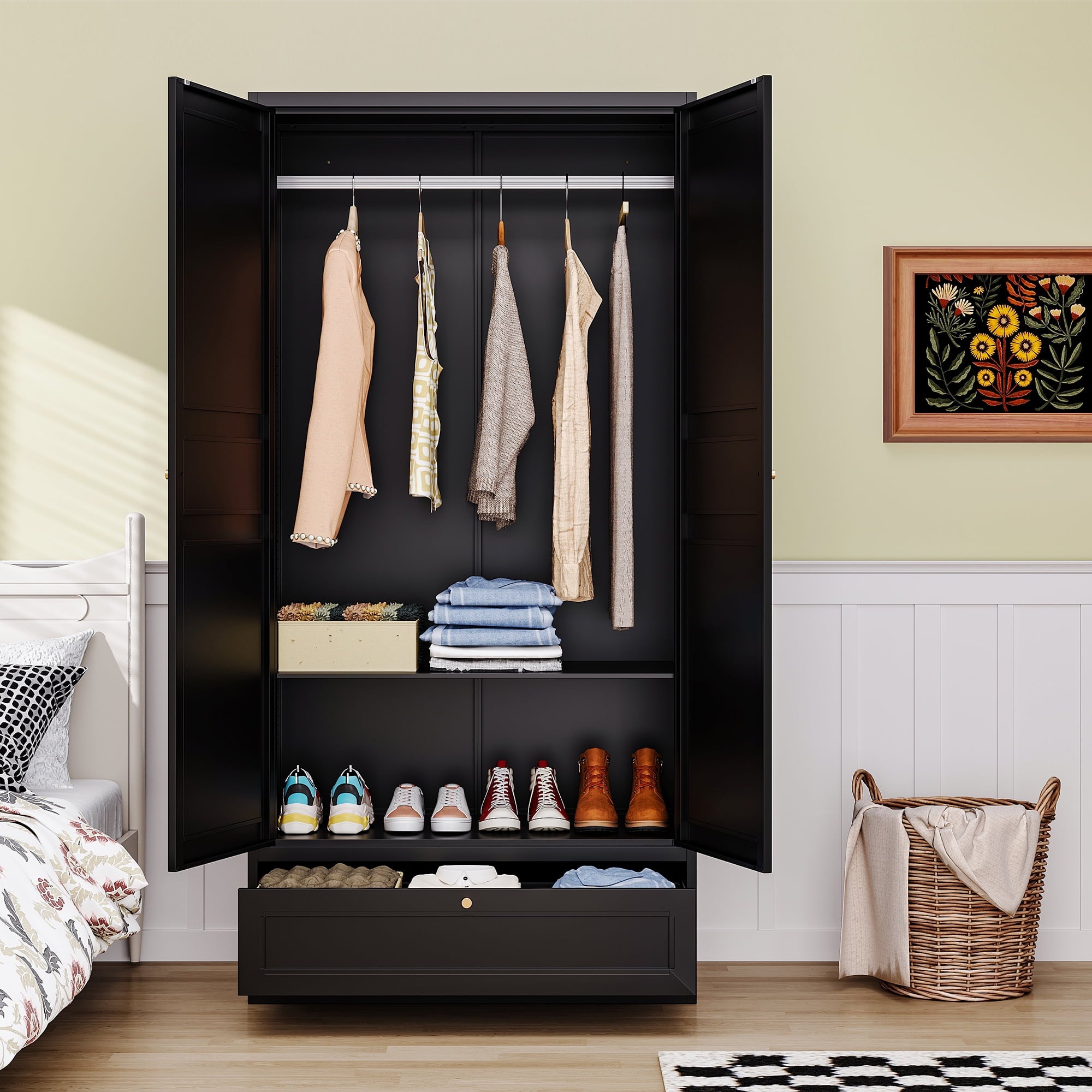 STANI Metal Wardrobe Closet with Hanging Rod, 72 White Armoire Wardrobe Cabinet with Adjustable Shelves, Clothes Storage Organizer Cabinets for Bedroom, Bathroom, Office