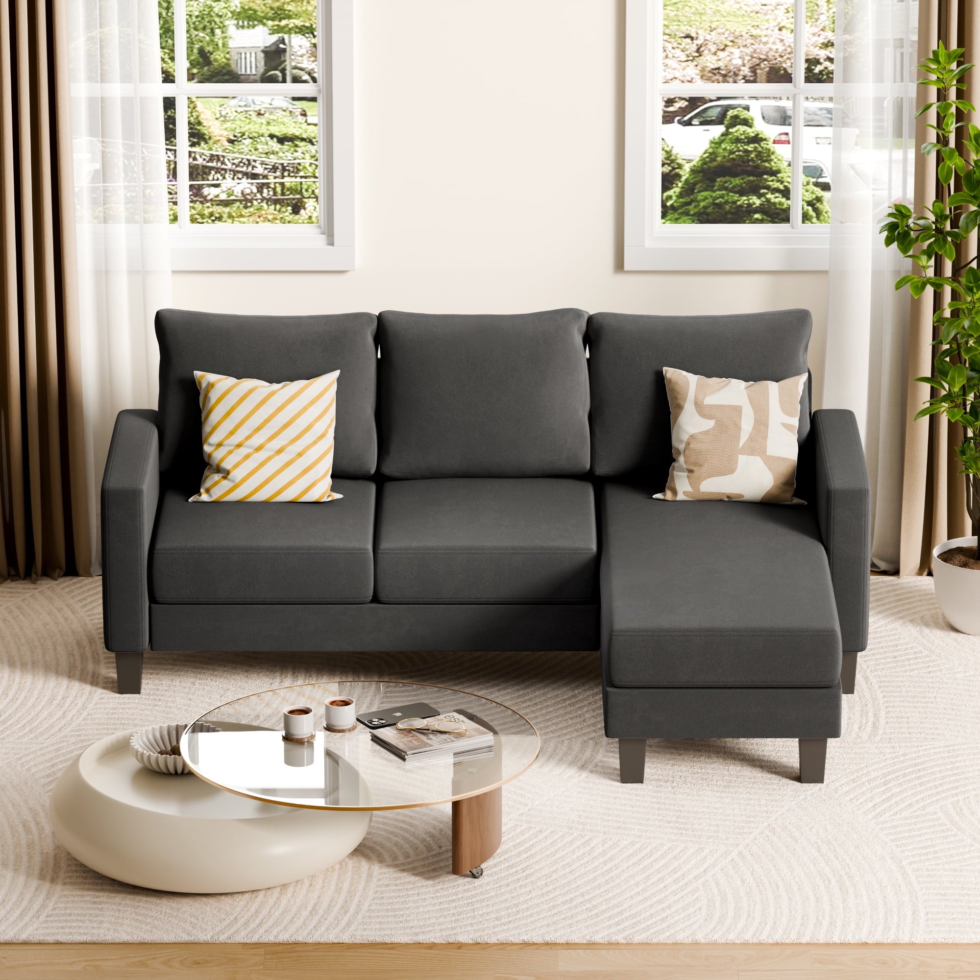 Vineego 72 L-Shaped Sectional Sofa with Ottoman Ergonomic Support Sofa Couch for Small Spaces Living Room, Apartment,Dark Gray