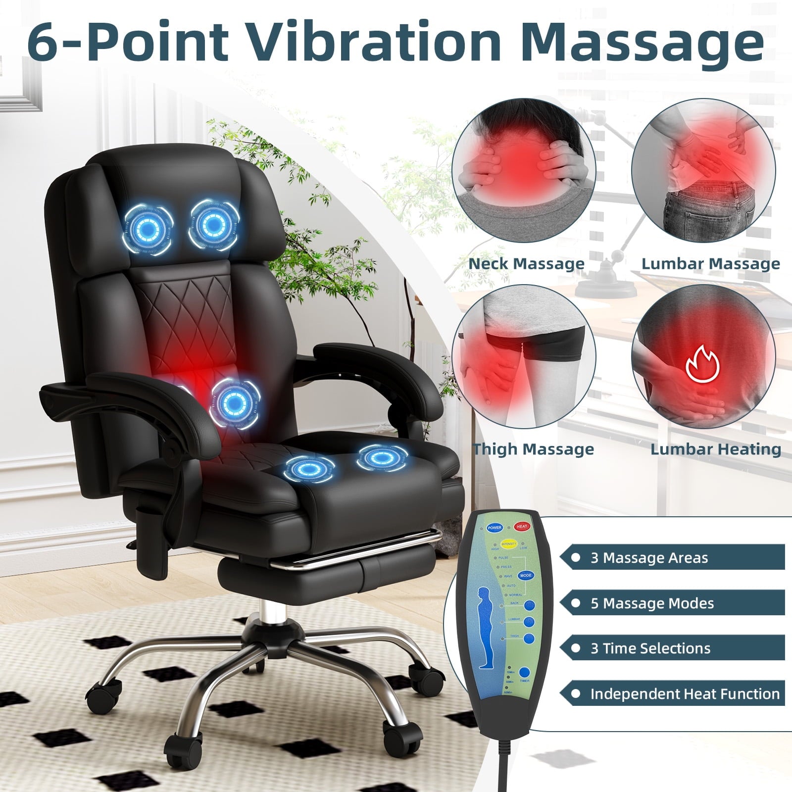 HOMREST Ergonomic Office Chair with 6-Point Massage & Heating, Adjustable Executive Desk Chair with Retractable Footrest, PU Leather Home Office Desk Chair for Home & Office (Black)