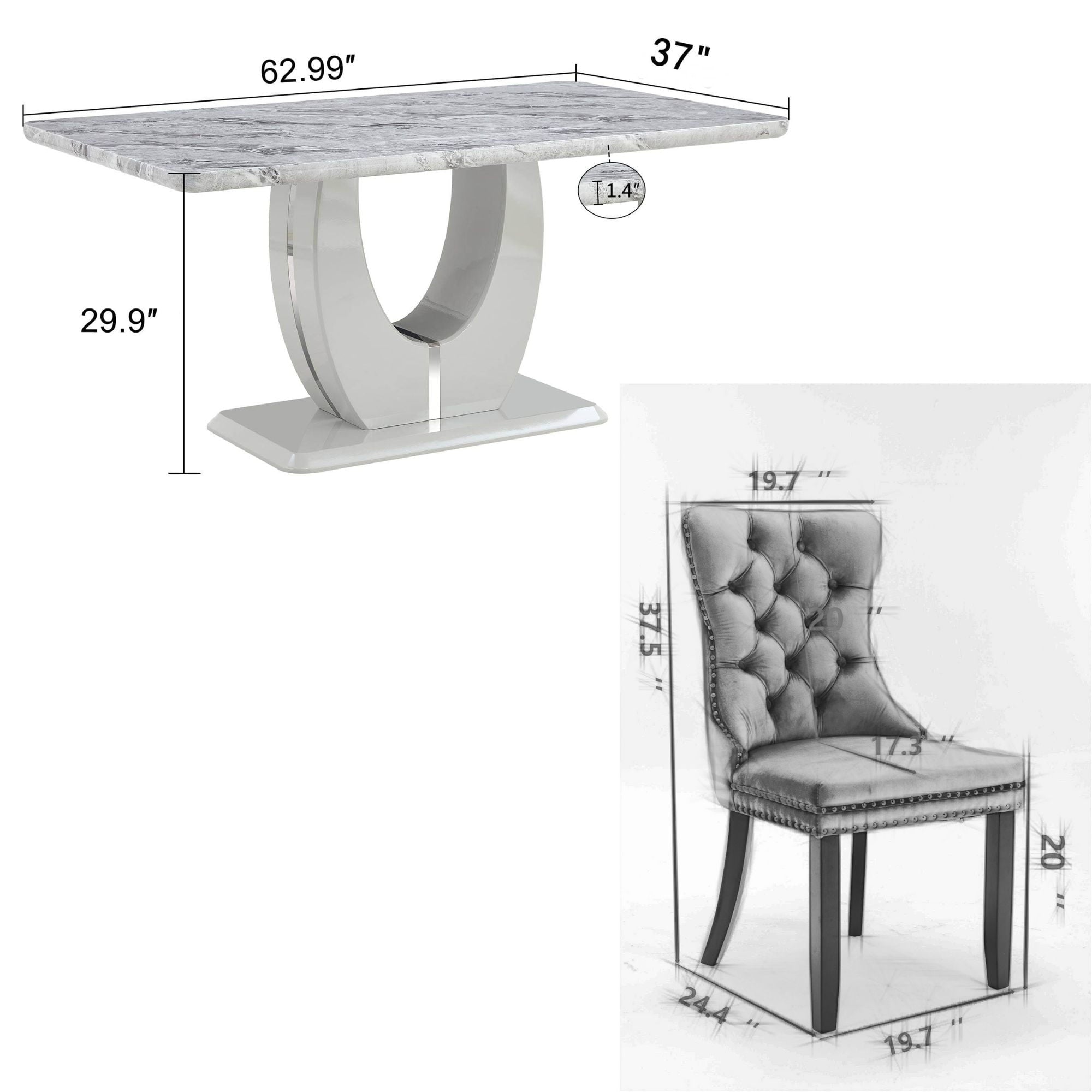 63 Modern White Rectangle Faux Marble Dining Table Room Sets for 4,Dining Table with 4 Velvet Dining Chairs,White Table and 4 Gray Chairs with Silver Leg
