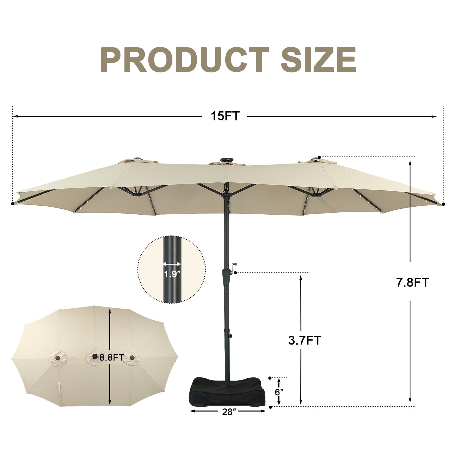 Ainfox 15ft Large Patio Umbrella with Solar Lights, Double-Sided Outdoor Rectangle Table Umbrellas with Sand Bag Base，Beige
