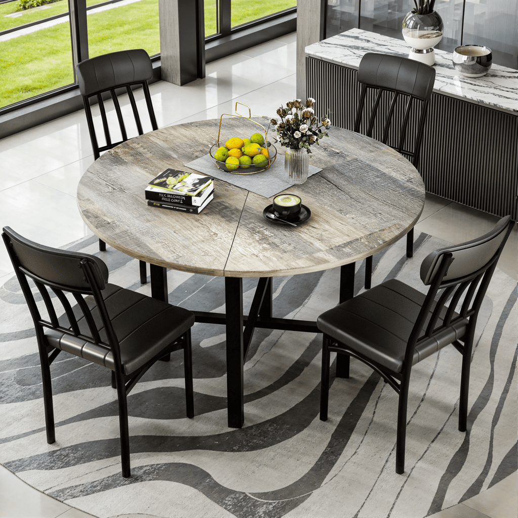 Lamerge Round Dining Table Set for 4,Wood Round Kitchen Table and Chairs Set for 4,Modern Dining Room Table Set with 4 Faux Leather Chairs,Round Dinner Table for Small Space,Brown