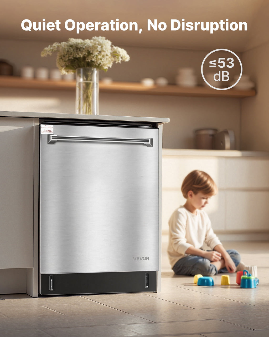 VEVOR 24 Inch Built-In Dishwasher, Stainless Steel Tub, 14 Place Settings and 8 Washing Programs, 23.82 x 25.2 x 33.78 Inch Low-Noise Dishwashing Machine with Upper / Lower Racks and Zoned Storage