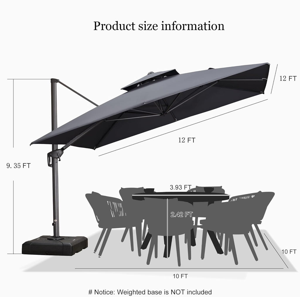 PURPLE LEAF Cantilever Umbrellas 12FT Square Large Patio Umbrella Offset Umbrella with 360°Rotation Tilting And Hanging Double Top, Grey